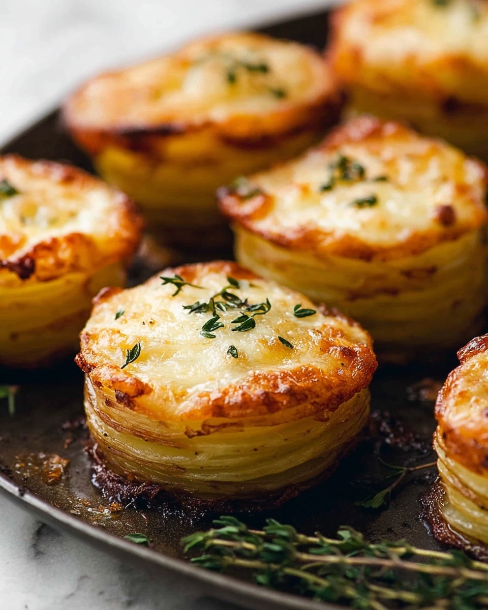 The image shows several small, stacked rounds of thinly sliced potatoes layered about six to eight times, baked to a golden yellow color with slightly crispy edges. Each potato stack is topped with melted cheese that is light golden with some browned spots and a few small green herb sprigs, likely thyme, scattered on top and around the stacks. The potato stacks are placed on a dark pan surface with a subtle sheen of oil. The background includes hints of white marbled texture beneath the pan, and the image is shot closely, focusing on the texture and layers of the potato stacks. Photo taken with an iphone --ar 4:5 --v 7