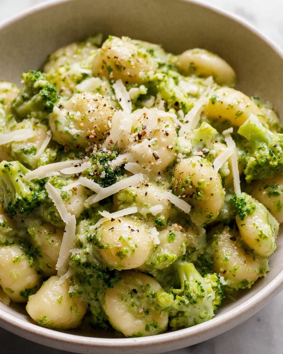 A close-up of a white bowl filled with gnocchi pasta mixed with green broccoli florets. The pasta is creamy and coated lightly in sauce, with some pieces showing a slight gloss. The green broccoli pieces are soft with a textured surface showing small florets. Shredded white cheese is sprinkled on top, and small black pepper bits are scattered across the dish. The background is a white marbled texture. photo taken with an iphone --ar 4:5 --v 7