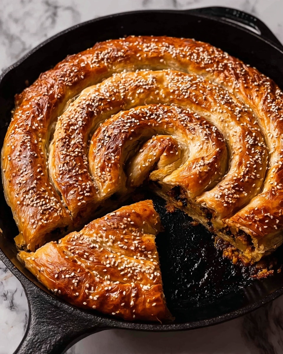 A large coiled spiral pastry made of golden brown, flaky dough with a shiny, crisp surface sprinkled evenly with white sesame seeds. The spiral is baked in a dark cast iron skillet, and a slice is cut out, revealing a filling inside that appears dark and rich, possibly with bits of vegetables or meat, contrasting with the bright outer crust. The skillet sits on a white marbled surface with a soft gray cloth nearby and a hint of fresh green herbs in the background, creating a warm, inviting scene. Photo taken with an iphone --ar 4:5 --v 7