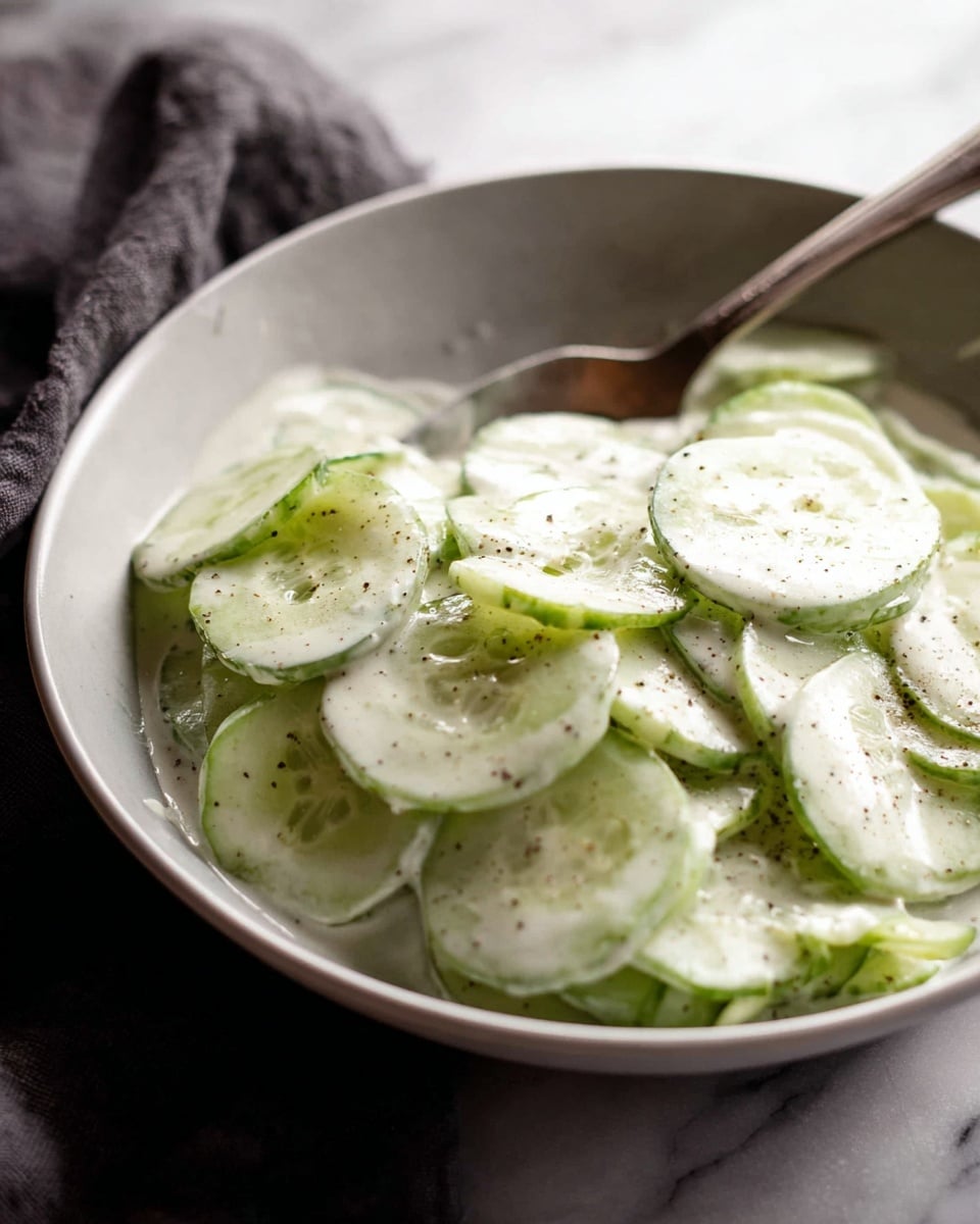 A bowl filled with thin, pale green cucumber slices that are covered in a creamy white sauce with small green herb flecks sprinkled evenly. The cucumber slices overlap each other in layers, sitting in a pool of smooth sauce that glistens under the light. A silver spoon rests on the right side inside the bowl, which is white with a soft matte texture. The bowl is placed on a white marbled surface with a dark cloth casually draped beside it. photo taken with an iphone --ar 4:5 --v 7