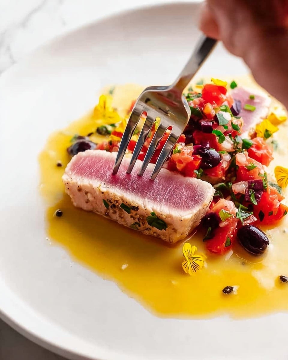 A close-up image of a thick slice of lightly seared tuna steak, showing a pale pink center with a light browned edge on a white plate. The tuna is topped with small pieces of bright red diced tomatoes, deep black olives, and sprinkled with fresh green herbs. Beneath the tuna, there is a glossy, rich yellow sauce spread on the plate, creating a vibrant base around the fish. A metal fork pierces the tuna from the top, lifting a piece, while tiny yellow edible flower petals rest on the plate near the edge. The background is a white marbled surface, enhancing the fresh and colorful presentation of the dish. Photo taken with an iphone --ar 4:5 --v 7