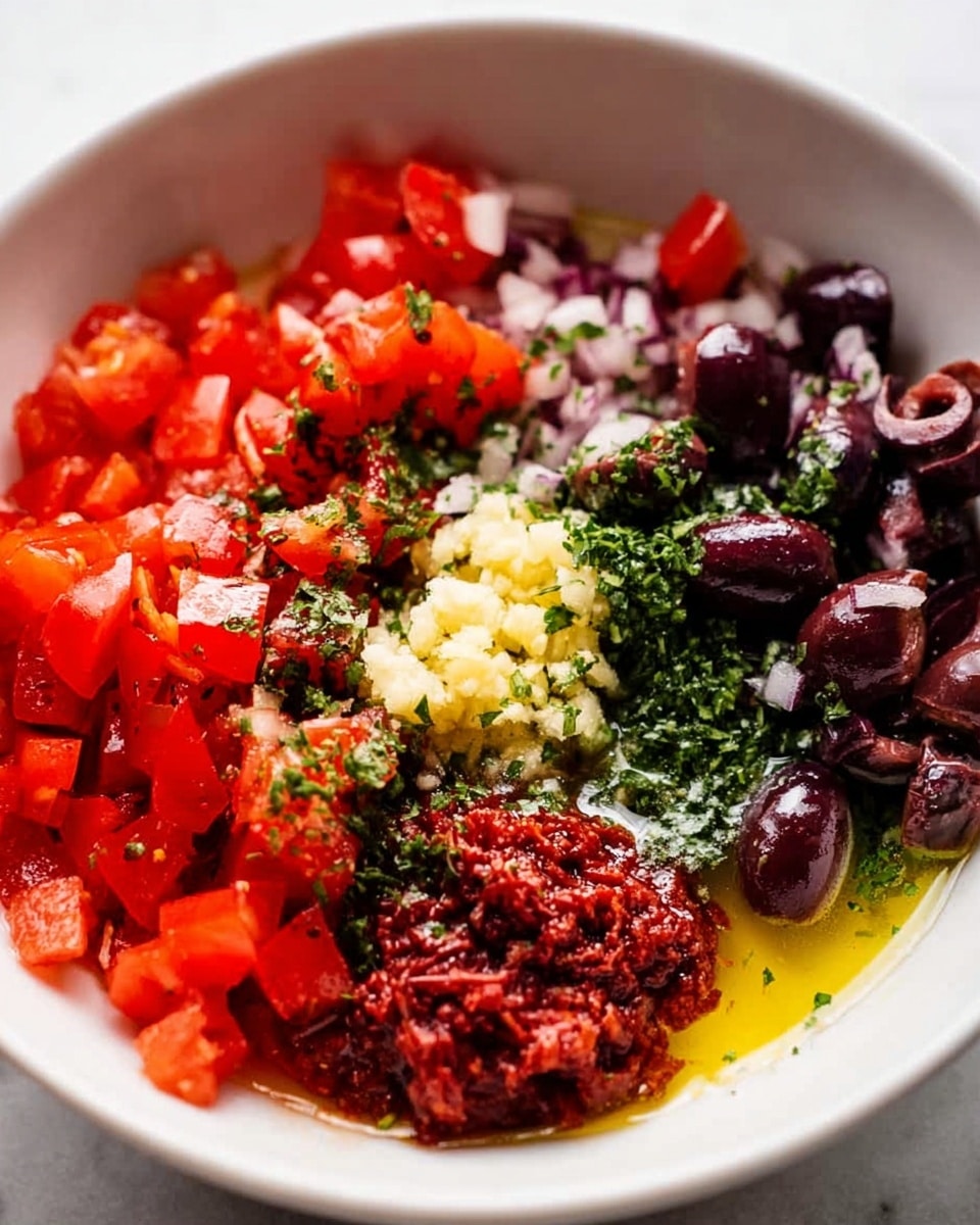 A close-up of a white bowl showing several fresh ingredients arranged in separate small piles. There are bright red diced tomatoes on the left and bottom, finely chopped green herbs sprinkled over and around the tomatoes, shiny dark sliced olives piled toward the top right, a small mound of pale minced garlic on the far right, and a reddish-brown seasoned paste or sauce with some tomato pieces on the bottom right. The ingredients sit on a shiny layer of golden olive oil that reflects light under the bowl’s surface. The background is a white marbled texture. photo taken with an iphone --ar 4:5 --v 7