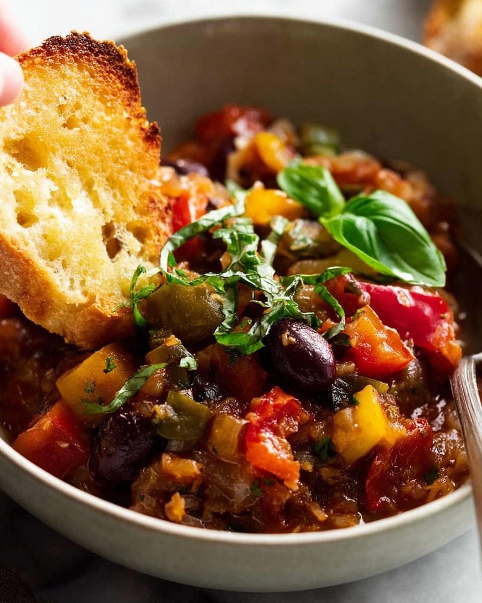 A close-up of a white bowl filled with a colorful vegetable stew, featuring layers of glossy dark purple olives, bright red and yellow bell pepper chunks, and tender cooked onions mixed with green leafy herbs on top. A piece of crispy bread with a golden crust is placed on the left side, slightly broken, while a silver spoon rests inside the bowl on the right side. The bowl sits on a white marbled surface with blurred pieces of bread in the foreground. Photo taken with an iphone --ar 4:5 --v 7