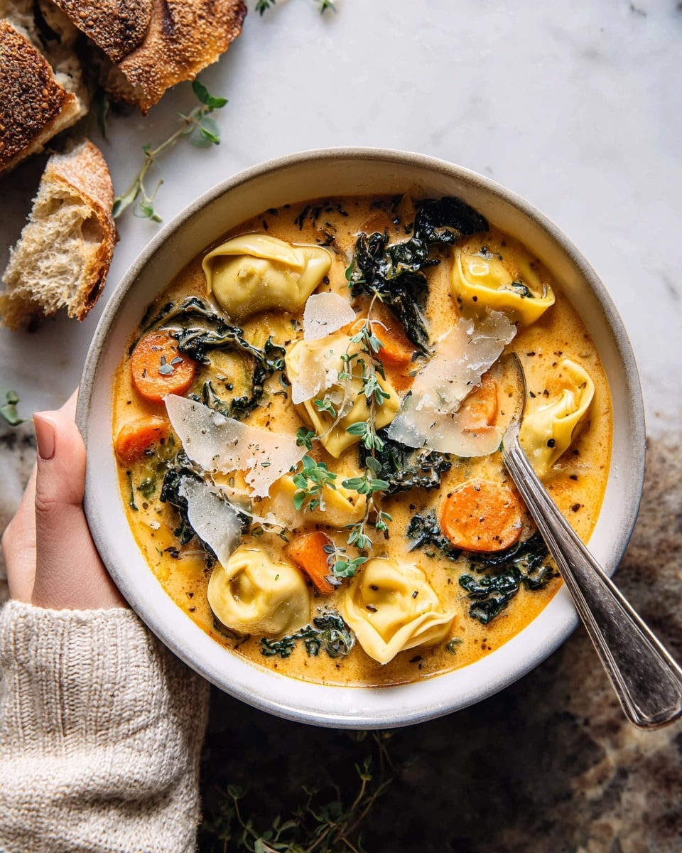 A white bowl filled with creamy orange soup, containing at least five light yellow tortellini pieces floating on top along with dark green kale leaves and several slices of bright orange carrot. The soup is garnished with fresh green herb sprigs and thin, pale shavings of cheese spread over the surface. A silver spoon rests inside the bowl on the right side. Two pieces of rustic bread with crusty outer textures sit to the upper right of the bowl. A woman's hand wearing a white knitted sweater holds the bottom left edge of the bowl. The background is a white marbled texture. photo taken with an iphone --ar 4:5 --v 7