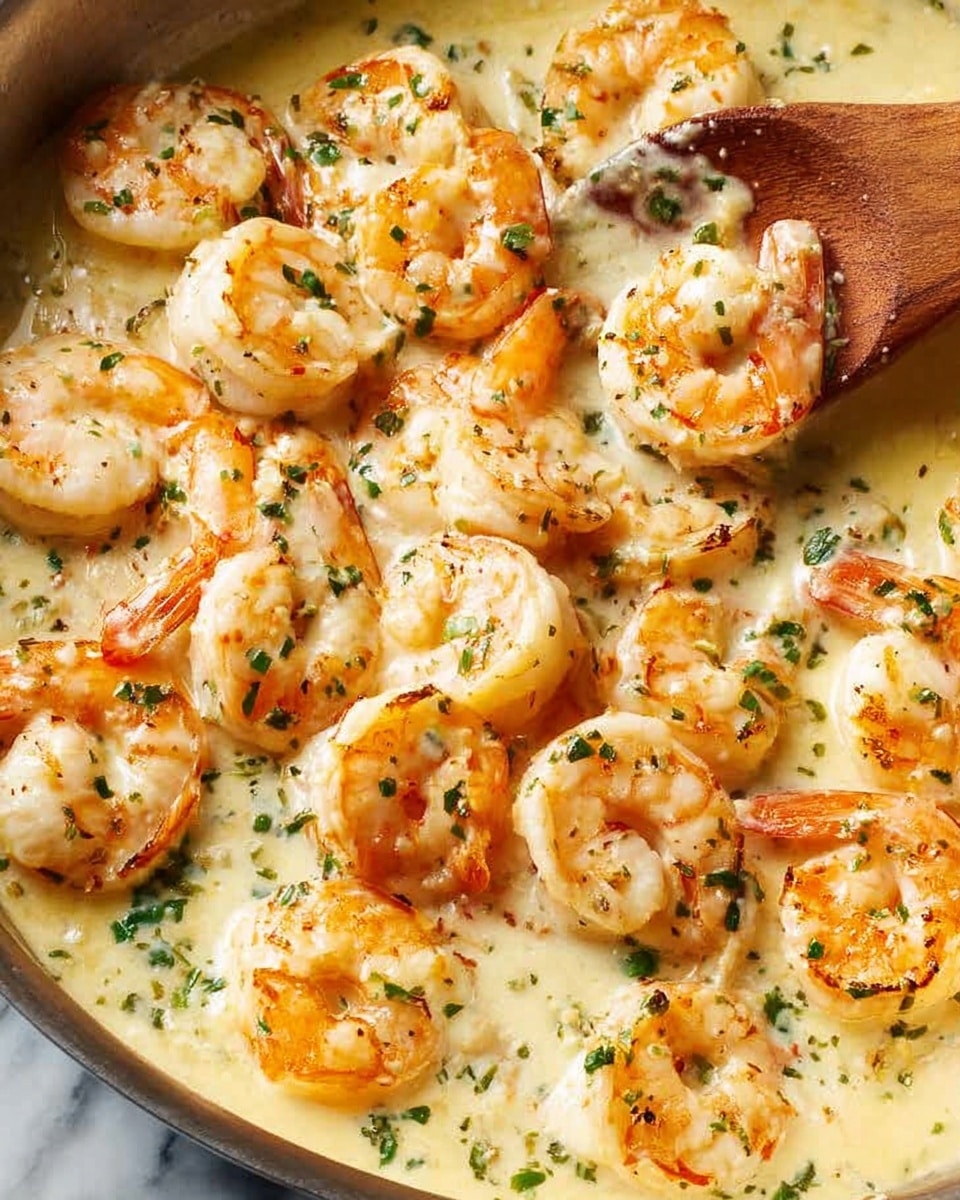 A close-up view of cooked shrimp in a creamy white sauce inside a pan, showing two layers: the top layer with orange-pink shrimp curled with tails on and finely chopped green herbs sprinkled evenly, and the creamy sauce underneath that is smooth with small specks of seasoning, all resting on a white marbled surface with a wooden spoon barely visible on the top right side. photo taken with an iphone --ar 4:5 --v 7