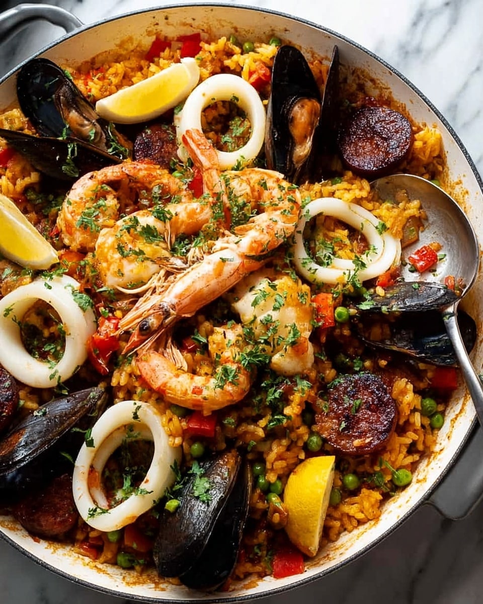 A white deep pan filled with rich yellow-orange paella rice mixed with small green peas and red bell pepper pieces as the base layer, scattered with browned slices of sausage and trimmed lemon wedges placed on the edges. On top, there is a piled mix of cooked seafood including several pink shrimp with shells and heads, coiled white squid rings, and dark black mussels with their shells open. The dish is garnished with small green herbs sprinkled across, and a metal spoon rests inside the pan on a white marbled surface, alongside a folded grey cloth. Photo taken with an iphone --ar 4:5 --v 7
