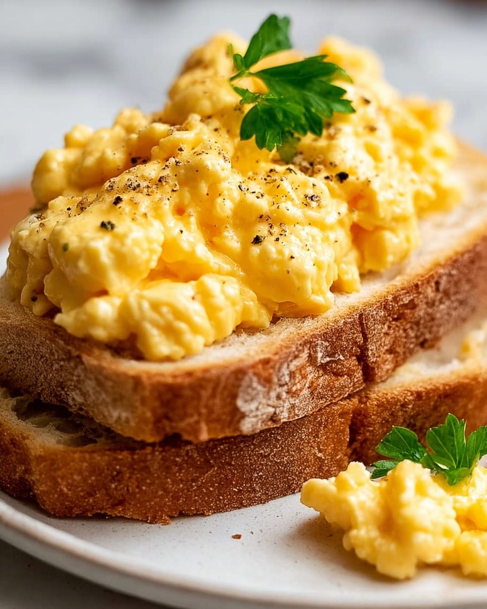 The image shows two layers of thick, toasted bread slices stacked on top of each other, both having a golden brown crust with a slightly rough texture. On the top slice, there is a generous, creamy layer of scrambled eggs that look soft and fluffy with a pale yellow color, speckled with small black pepper bits. A small green parsley leaf adds a fresh touch on the upper left corner. To the right, an open bread slice spread with a thin layer of butter is partially visible. The surface beneath the dish is a white marbled texture. photo taken with an iphone --ar 4:5 --v 7