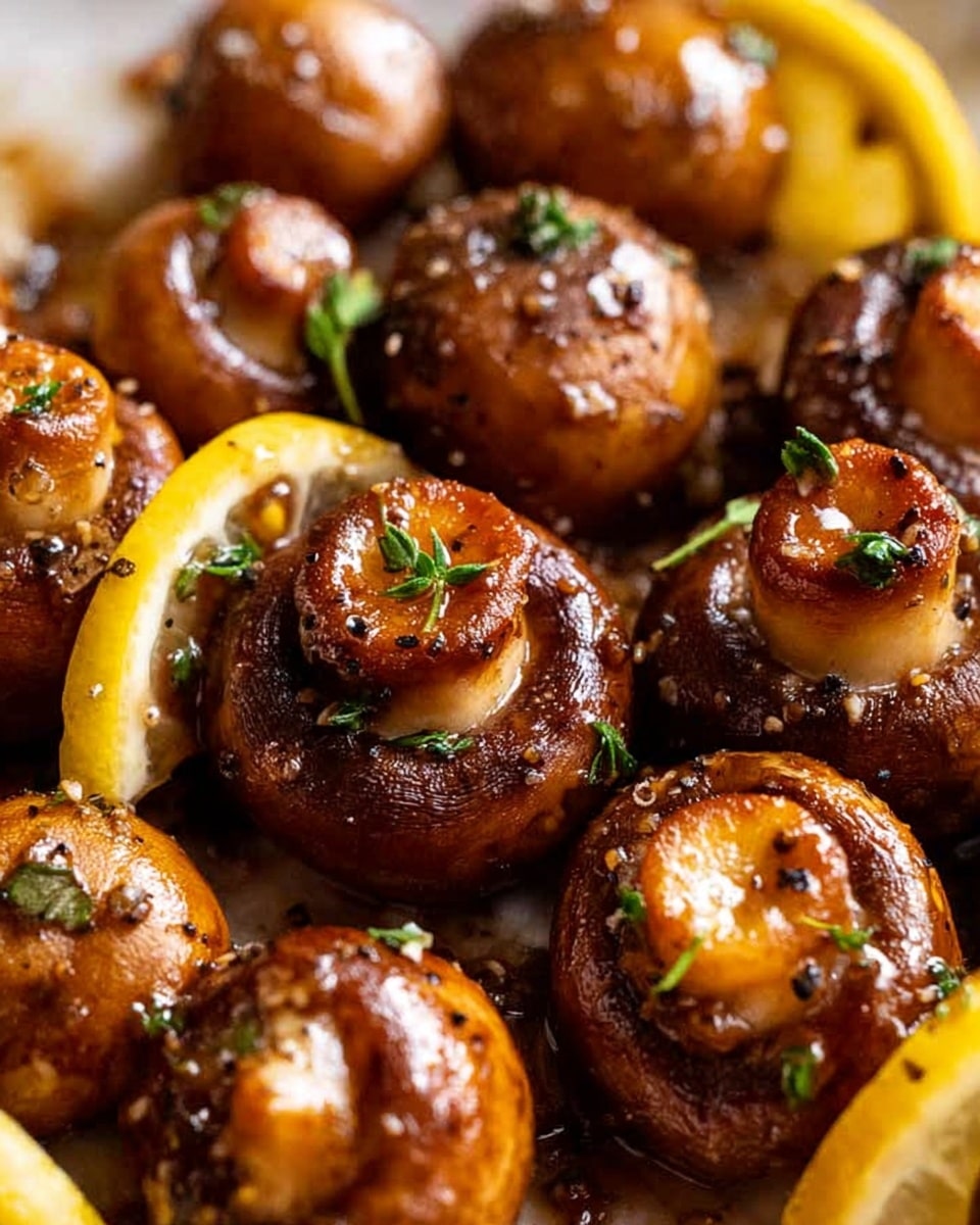 The image shows a close-up of roasted brown mushrooms with a shiny, glazed surface, arranged closely together on a white marbled texture. Each mushroom has visible gills inside, darker and textured, with some small green herb leaves sprinkled on top. The mushrooms are coated in a glossy, brown sauce with a slightly oily finish, and there are slices of fresh lemon placed among the mushrooms, adding yellow and white contrast. The overall look emphasizes the rich, cooked texture and appetizing shine of the mushrooms. photo taken with an iphone --ar 4:5 --v 7
