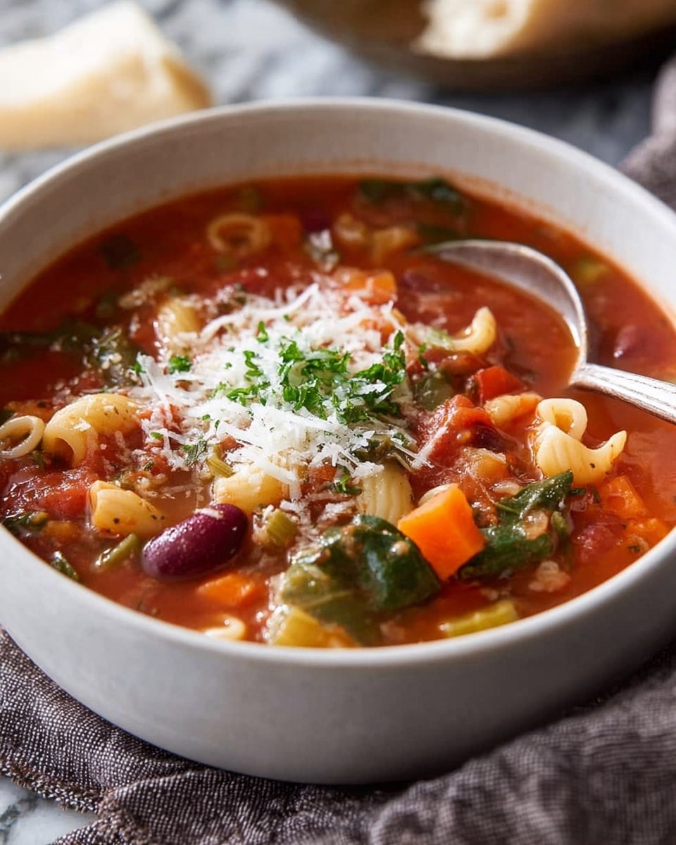 A white bowl filled with a thick, hearty vegetable and pasta soup with a deep red tomato base. The soup has visible layers of small elbow-shaped pasta, green beans, chopped orange carrots, celery, spinach leaves, and dark red kidney beans. On top, there is a generous heap of finely grated white cheese sprinkled with chopped green herbs. A silver spoon rests inside the bowl, and the bowl sits on a textured grey cloth over a white marbled surface. In the lower right corner, part of a white pot with more soup inside can be seen. Photo taken with an iphone --ar 4:5 --v 7