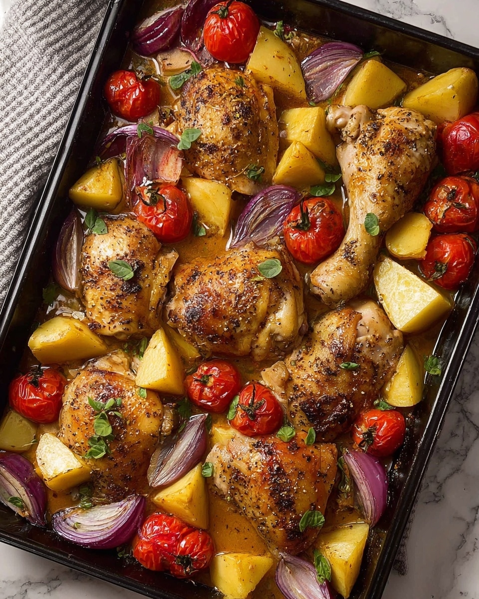 The image shows a baking pan filled with a cooked dish that includes five golden-brown chicken pieces with a slightly crispy skin, surrounded by several quartered yellow potatoes with brown skin, red onion wedges, and whole roasted cherry tomatoes that have a shiny, soft look. The ingredients are lightly coated in a brownish sauce or broth that adds a glossy texture, and a few green herb leaves are scattered on top for decoration. The pan itself is dark and is being held by two oven mitts visible at the bottom corners. The background is a white marbled texture. photo taken with an iphone --ar 4:5 --v 7