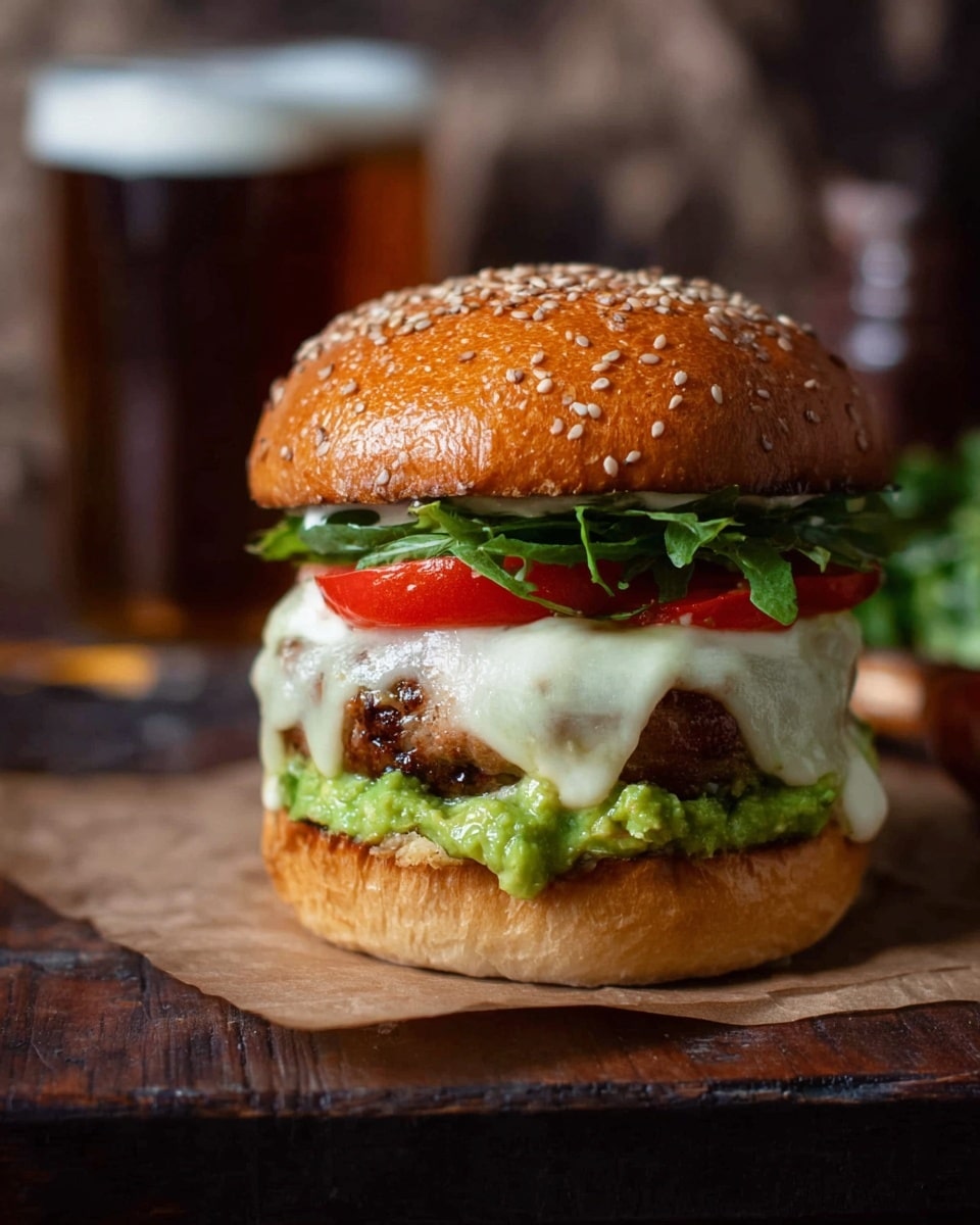 A tall burger with a shiny, golden brown sesame seed bun on top, layered with a thick slice of red tomato, green leafy greens, and melted white cheese dripping over a grilled brown patty; underneath the patty is a generous spread of mashed green avocado on the bottom bun. The burger sits on white parchment paper on a dark rustic wooden surface with a blurred dark background. Photo taken with an iphone --ar 4:5 --v 7