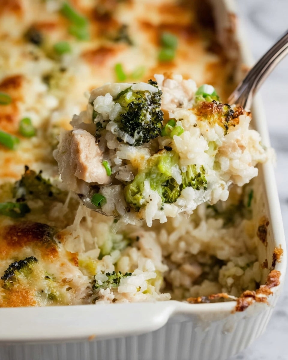 The image shows a close-up of a creamy rice casserole with three layers visible: the bottom layer has soft green broccoli pieces, the middle layer has tender white rice mixed with pieces of cooked chicken, and the top layer shows melted and slightly browned cheese with small green herb bits scattered around. A metal spoon is scooping a portion, revealing the creamy texture and mixed ingredients. The dish is in a white baking dish sitting on a white marbled surface. Photo taken with an iphone --ar 4:5 --v 7