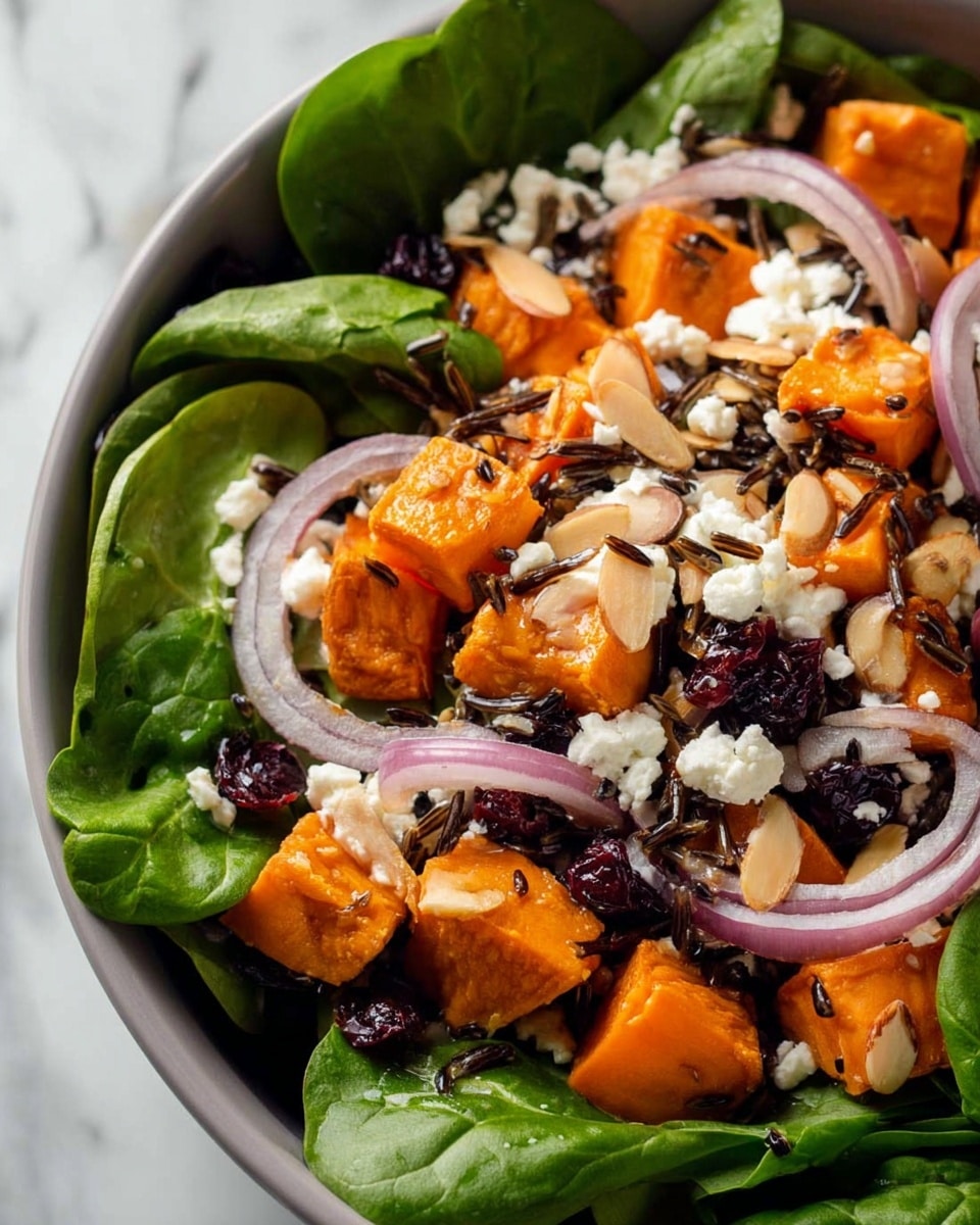 A close-up of a salad in a white bowl set on a white marbled surface shows several layers of fresh ingredients. The base layer is dark green spinach leaves covering the bowl evenly. On top of this are spread small orange roasted sweet potato cubes with a slightly glossy texture. Thin slices of red onion are scattered delicately among the sweet potatoes, adding a light purple color and crisp texture. Dark wild rice grains are sprinkled throughout, adding contrast with their long, thin shapes. There are small white crumbles of feta cheese distributed across the salad, providing a creamy texture and bright color spots. Dark, dried cranberries add pops of deep red, while thinly sliced almond flakes bring a light tan color and crunchy feel throughout. The salad looks fresh, colorful, and richly textured. Photo taken with an iphone --ar 4:5 --v 7