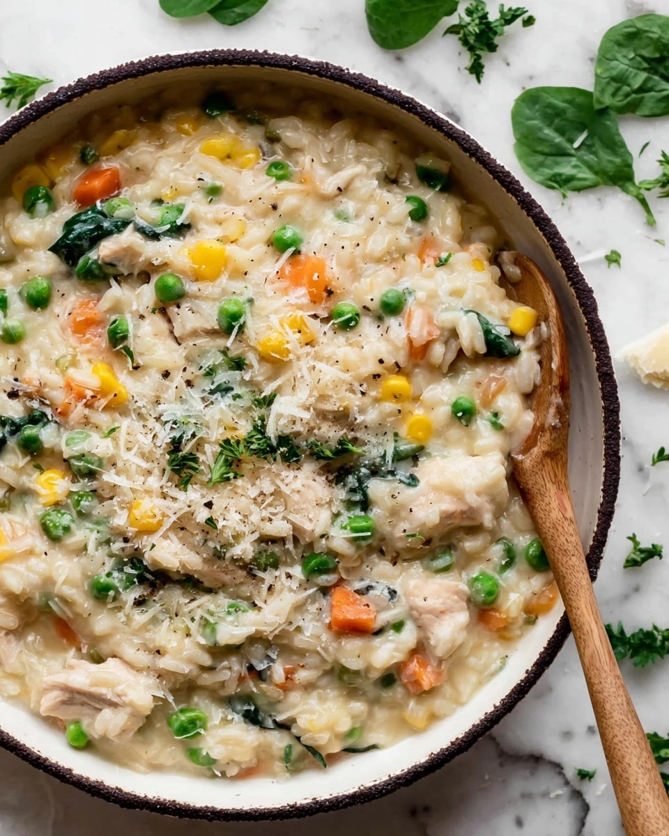 A close-up view of a creamy dish inside a white bowl with a dark rim, showing about one layer of thick, pale beige sauce mixed with small green peas, yellow corn, orange carrot pieces, and dark green spinach leaves scattered throughout. The dish is topped with finely grated pale yellow cheese, small sprinkles of chopped green herbs, and a light dusting of black pepper. A wooden spoon is partially submerged on the right side, stirring the mixture against a white marbled background. Photo taken with an iphone --ar 4:5 --v 7