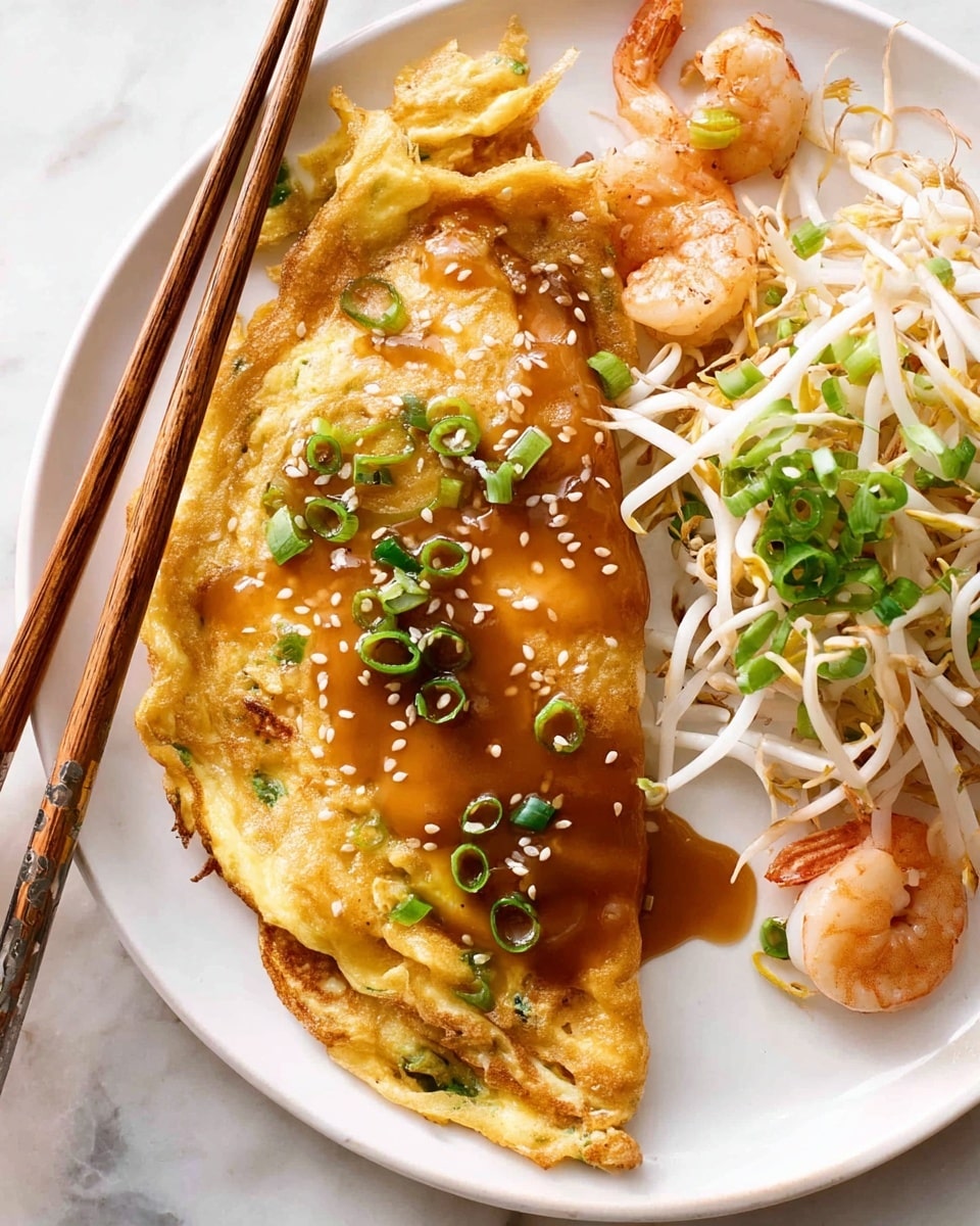 The image shows a white plate with a golden brown shrimp omelette covered in a shiny, amber-colored sauce, sitting slightly to the right side. The omelette has a soft, slightly wrinkled texture with a few browned spots and visible shrimp pieces inside and on top. To the left of the omelette is a small pile of fresh white bean sprouts mixed with chopped green onions, adding white and green colors and a crunchy texture. A pair of wooden chopsticks rests on the bottom right edge of the plate, and the background is a white marbled surface. Photo taken with an iphone --ar 4:5 --v 7
