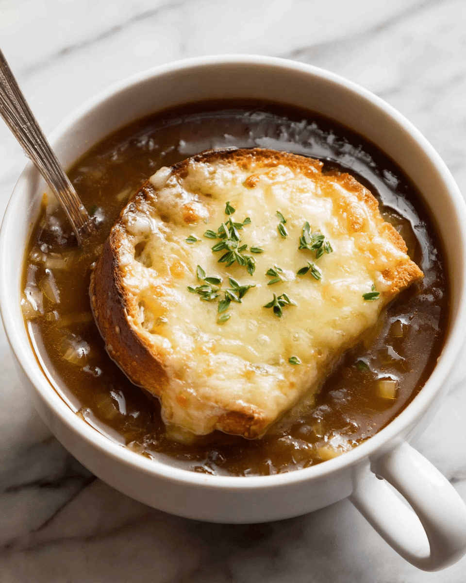 A white cup filled with dark brown onion soup, showing soft, cooked onion pieces in the liquid. On top, there is a large piece of toasted bread covered by a melted, golden-brown cheese layer that looks bubbly and creamy. A small green herb garnish rests on the cheese, and a silver spoon is inside the cup, partially submerged beside the bread. The cup is placed on a white marbled surface. photo taken with an iphone --ar 4:5 --v 7