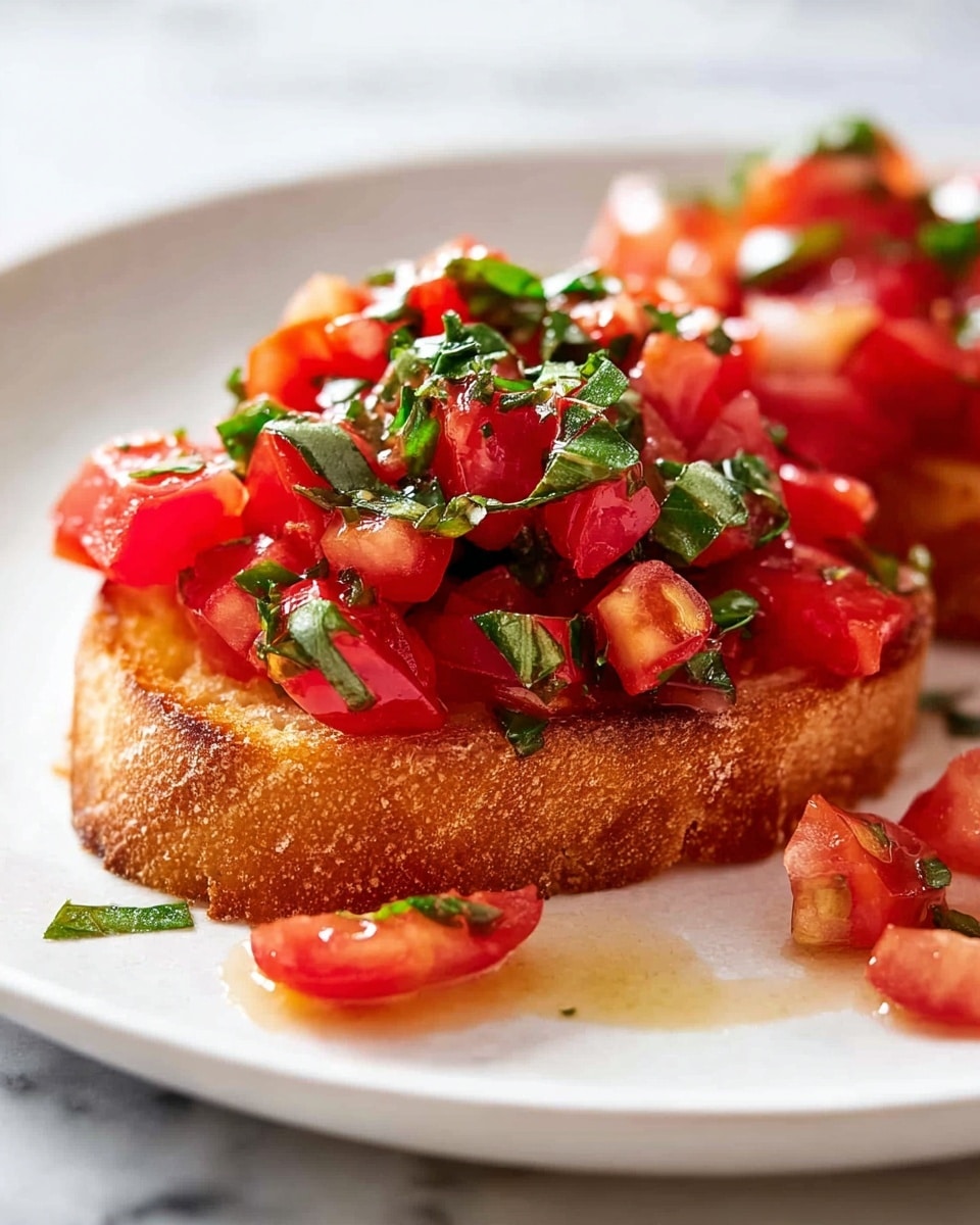 A close-up view of two pieces of bruschetta placed on a white plate set on a white marbled surface. Each bruschetta has a thick base layer of toasted bread with a golden brown crust and light, airy texture. On top is a fresh, chunky mix of diced bright red tomatoes with small green basil strips scattered throughout, some pieces spilling onto the plate. A light drizzle of olive oil glistens on the tomato mixture, adding a subtle shine. The vibrant red and green colors contrast nicely with the warm look of the toasted bread. photo taken with an iphone --ar 4:5 --v 7
