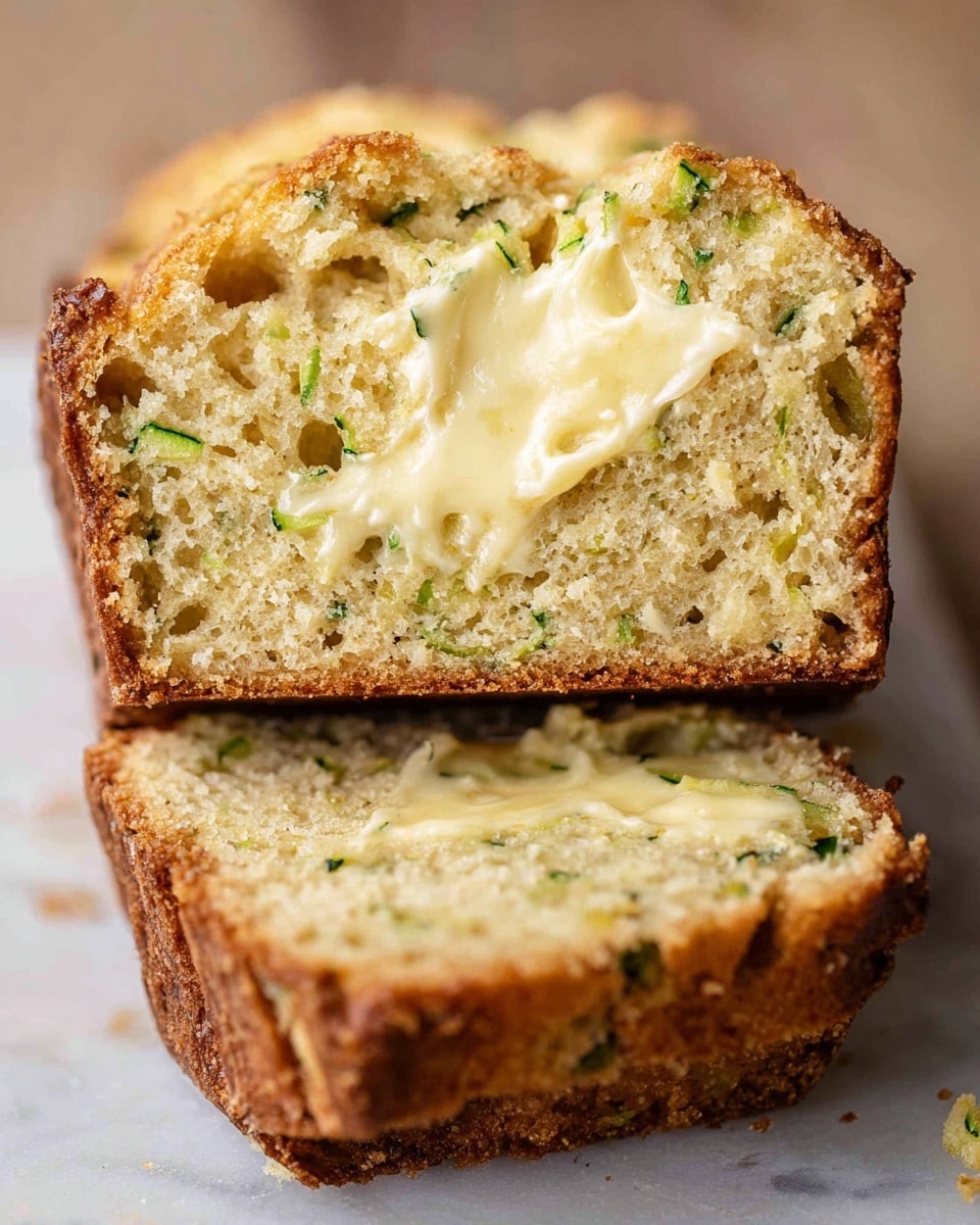 Two slices of golden-brown garlic bread are shown on a wooden surface with a white marbled texture. The front slice is spread with creamy, melted butter that is light yellow with a smooth texture. The bread's inside is soft and airy with small holes and bits of green herbs scattered throughout. The crust has a crunchy and slightly darker brown edge. The slice in the background shows the texture of the bread without butter, revealing the herb-speckled interior. Photo taken with an iphone --ar 4:5 --v 7