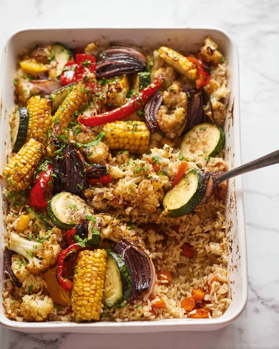 A close-up image of a white rectangular baking dish filled with cooked rice at the bottom layer, mixed with small pieces of red tomatoes and herbs that add a soft green touch throughout. On top of the rice are roasted vegetables that include bright yellow corn cut into chunks, dark green zucchini slices with a grilled texture, red bell pepper pieces, purple onion wedges, and light beige cauliflower florets with slight char marks. The vegetables are spread unevenly over the rice, showing a mix of rich colors and slightly crispy textures. A silver spoon is digging into the rice and vegetables, creating a small scoop. The dish is placed on a white marbled surface. photo taken with an iphone --ar 4:5 --v 7