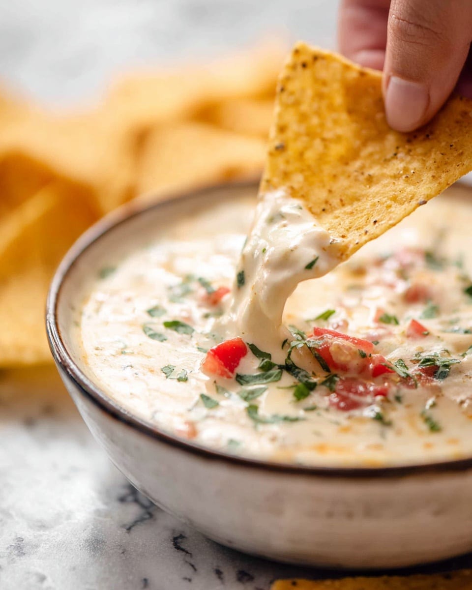 A white bowl filled with creamy light yellow cheese dip that has a smooth texture with tiny bits of green herbs and red tomato pieces scattered on top. A woman's hand is dipping a thick, crispy, pale yellow tortilla chip into the cheese dip, coating the chip with a glossy layer of the dip. The bowl sits on a white marbled surface, with extra tortilla chips blurred in the background, and a soft, warm-toned cloth in the far background. photo taken with an iphone --ar 4:5 --v 7