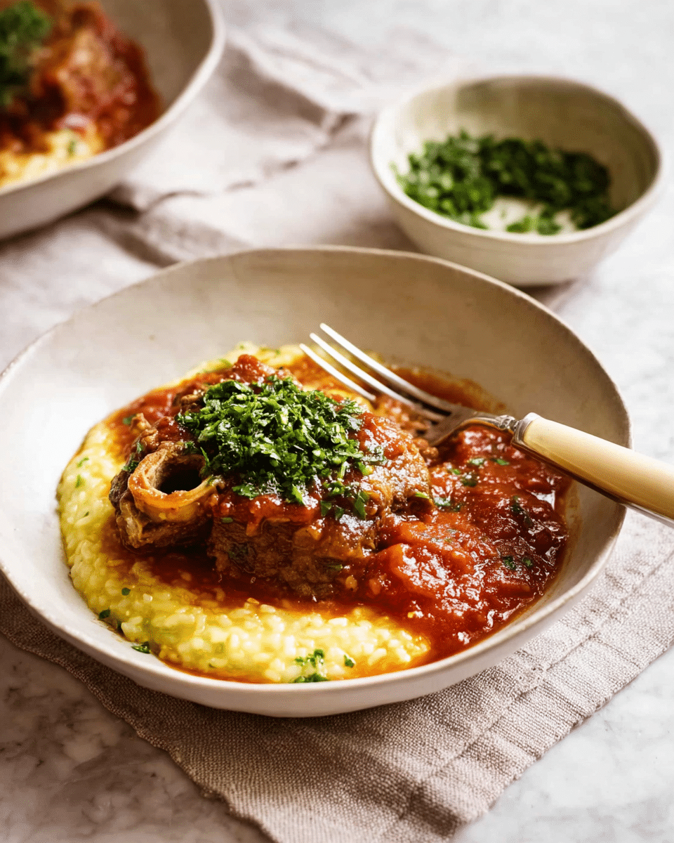 A white bowl sits on a white marbled surface with a soft beige cloth underneath. Inside the bowl, the bottom layer is creamy, yellow risotto with a smooth texture. On top rests a rich brown braised meat piece with a visible bone in the center. Surrounding the meat is a thick, deep red tomato sauce, and on the top, there is a bright green herb sauce or garnish, adding a fresh contrast with its finely chopped texture. A fork is partially stuck into the meat, and a knife with a wooden handle rests on the bowl's edge. In the background, a matching white bowl holds extra green herb sauce with a spoon inside. photo taken with an iphone --ar 4:5 --v 7