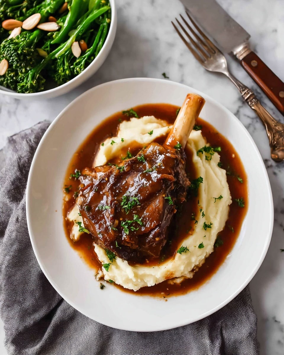 A white plate holds a serving of creamy mashed potatoes as the base layer, with a smooth and slightly chunky texture and pale off-white color. On top of the mashed potatoes rests a braised lamb shank covered in a rich, glossy brown gravy that pools around the bottom edge of the plate. The lamb has a deep brown, caramelized surface and a long bone extending upward from the meat. The dish is garnished with small pieces of fresh green parsley sprinkled over the lamb and sauce. In the background, there is a white bowl filled with bright green steamed broccolini topped with thin, pale almond slices, all set on a white marbled textured surface with a gray cloth underneath the plate, along with a fork and a knife with wooden handles. Photo taken with an iphone --ar 4:5 --v 7