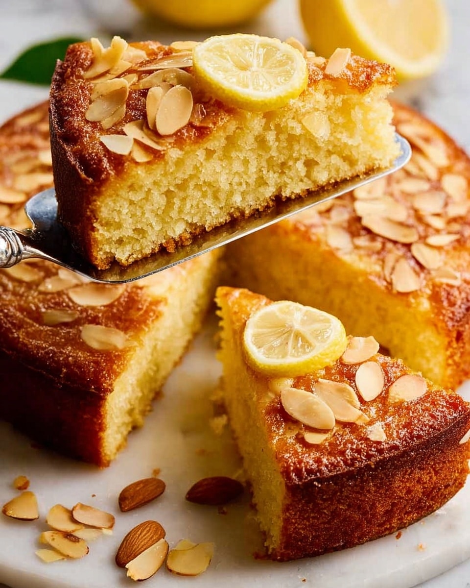The image shows one slice of almond-topped lemon cake being lifted above the rest of the cake, revealing a dense, moist texture inside. The cake has one thick layer with a golden yellow crumb and a darker brown crust on the sides and top. The top of the cake is covered with thin, toasted almond slices and decorated with a thin lemon slice. The cake sits on a white plate on a white marbled surface. Photo taken with an iphone --ar 4:5 --v 7