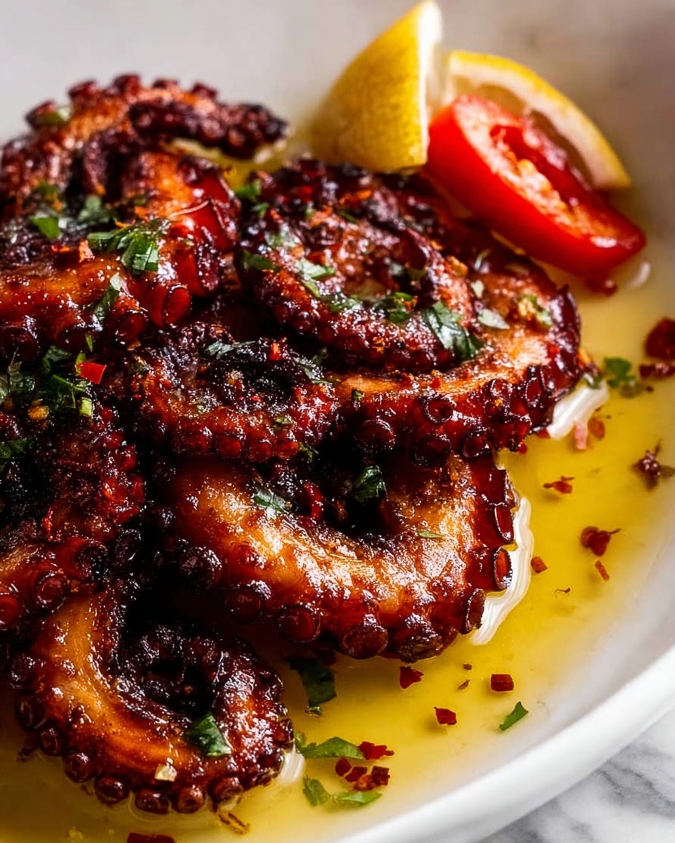 A close-up view of grilled octopus tentacles served on a white plate with a white marbled background. The dish features several curled, reddish-brown tentacles with a shiny, slightly charred texture, sprinkled with green herbs and small red chili flakes. Around the tentacles, there are vibrant red chili slices and a wedge of yellow lemon partially visible at the bottom left. Golden oil with herbs and chili flakes is spread around the octopus, adding a glossy finish and rich colors. photo taken with an iphone --ar 4:5 --v 7