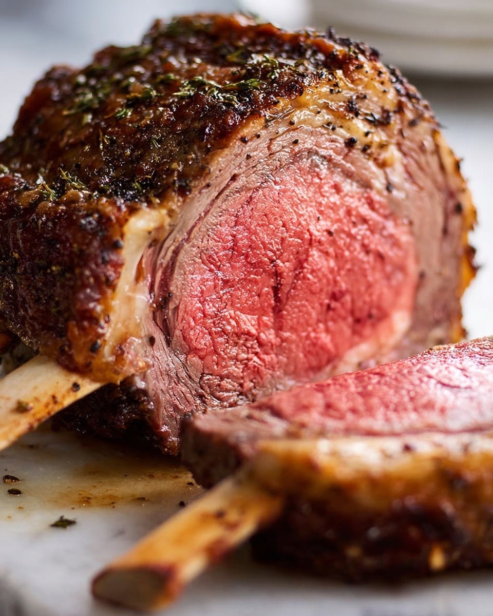 A thick cut of prime rib roast is shown in close up, with one large piece standing vertically showing a pink, juicy inside layer surrounded by a golden brown, herb-crusted outer layer. Another slice lies flat in front, revealing the same bright pink center and browned edges. The meat looks tender and moist with some juices pooling at the bottom on a white marbled surface. Two exposed bones frame the roast, adding rustic detail. The texture of the crust is coarse with visible herbs, while the inside is soft and smooth. photo taken with an iphone --ar 4:5 --v 7