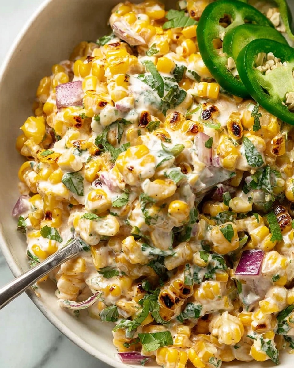 The image shows a close-up of a creamy corn salad on a white plate, placed on a white marbled surface. The dish has three main layers: at the bottom, golden grilled corn kernels with some caramelized brown spots; mixed throughout the middle and top layers are finely chopped green herbs and small pieces of red onion, adding green and purple touches. The salad is covered with a thick, white creamy dressing, giving it a rich, smooth texture. On one side, there are fresh, sliced green jalapeños and chopped cilantro leaves, adding a fresh look. A silver spoon rests in the salad, slightly covered in the creamy mix, ready to serve. Photo taken with an iphone --ar 4:5 --v 7