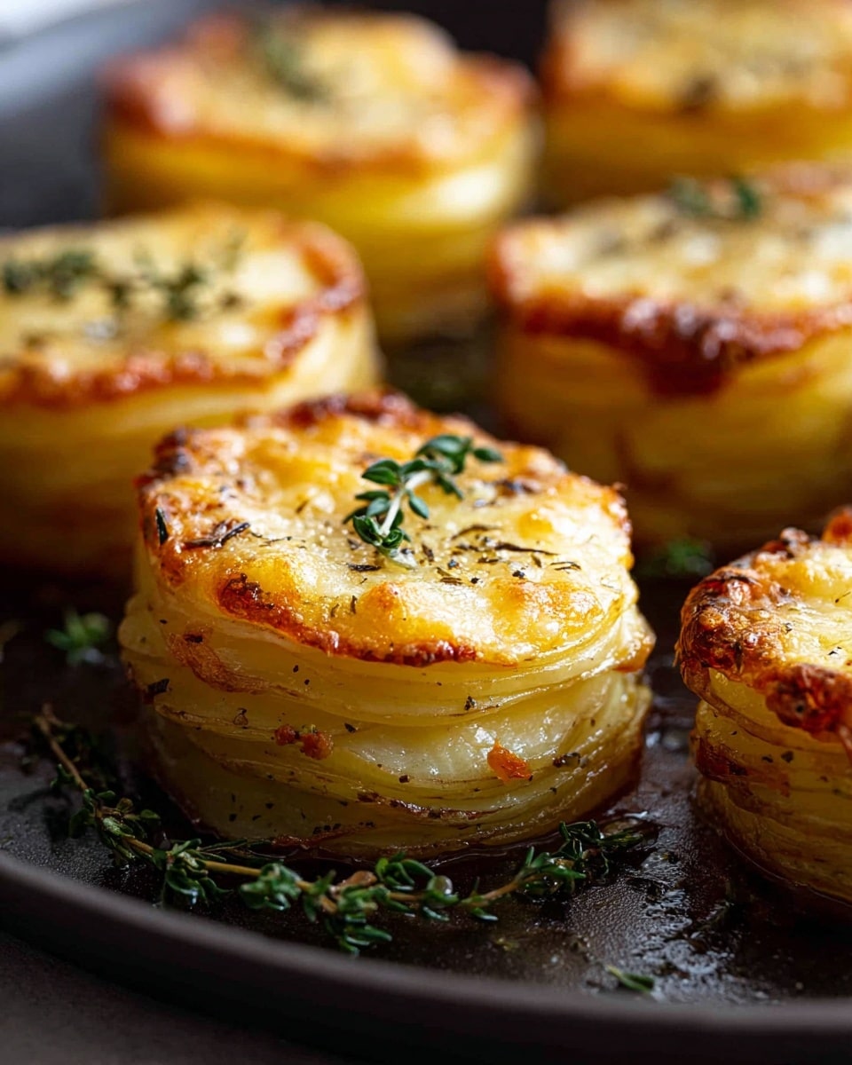 The image shows a close-up of several small, round stacks of thinly sliced golden brown potatoes layered to about five layers high. The potato stacks are topped with melted cheese, which is slightly browned and bubbly, and garnished with small green thyme leaves. The stacks have a crispy texture on the edges and a soft look in the middle. The stacks sit on a dark metal pan with some scattered thyme leaves around them. The background features a white marbled texture. photo taken with an iphone --ar 4:5 --v 7