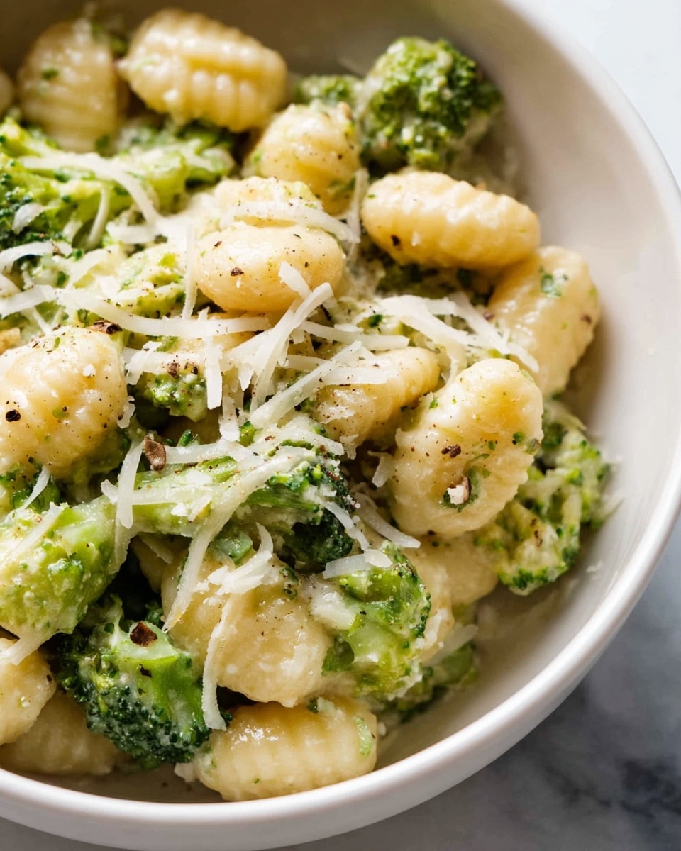 A bowl filled with small, round gnocchi pasta covered in a creamy green pesto sauce, mixed with small broccoli florets giving a textured look. On top, there are light shreds of white grated cheese and small specks of black pepper scattered evenly. The bowl is white, and the image has a close-up view, showing the soft and slightly glossy texture of the gnocchi and sauce against the white marbled texture background. photo taken with an iphone --ar 4:5 --v 7