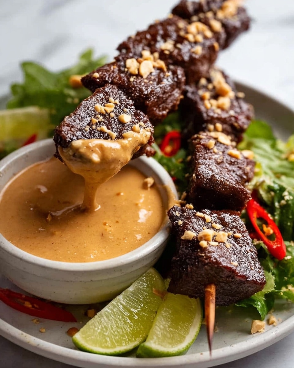 Two grilled dark brown meat skewers with a slightly crispy texture and small bits of crushed peanuts on top are being dipped into a light brown creamy peanut sauce in a small white bowl with a rough rim. Below the skewers are fresh, bright green lime wedges arranged on a white marbled surface. In the blurred background, there are more pieces of grilled meat, green lettuce, and small red chili slices on a white plate. photo taken with an iphone --ar 4:5 --v 7