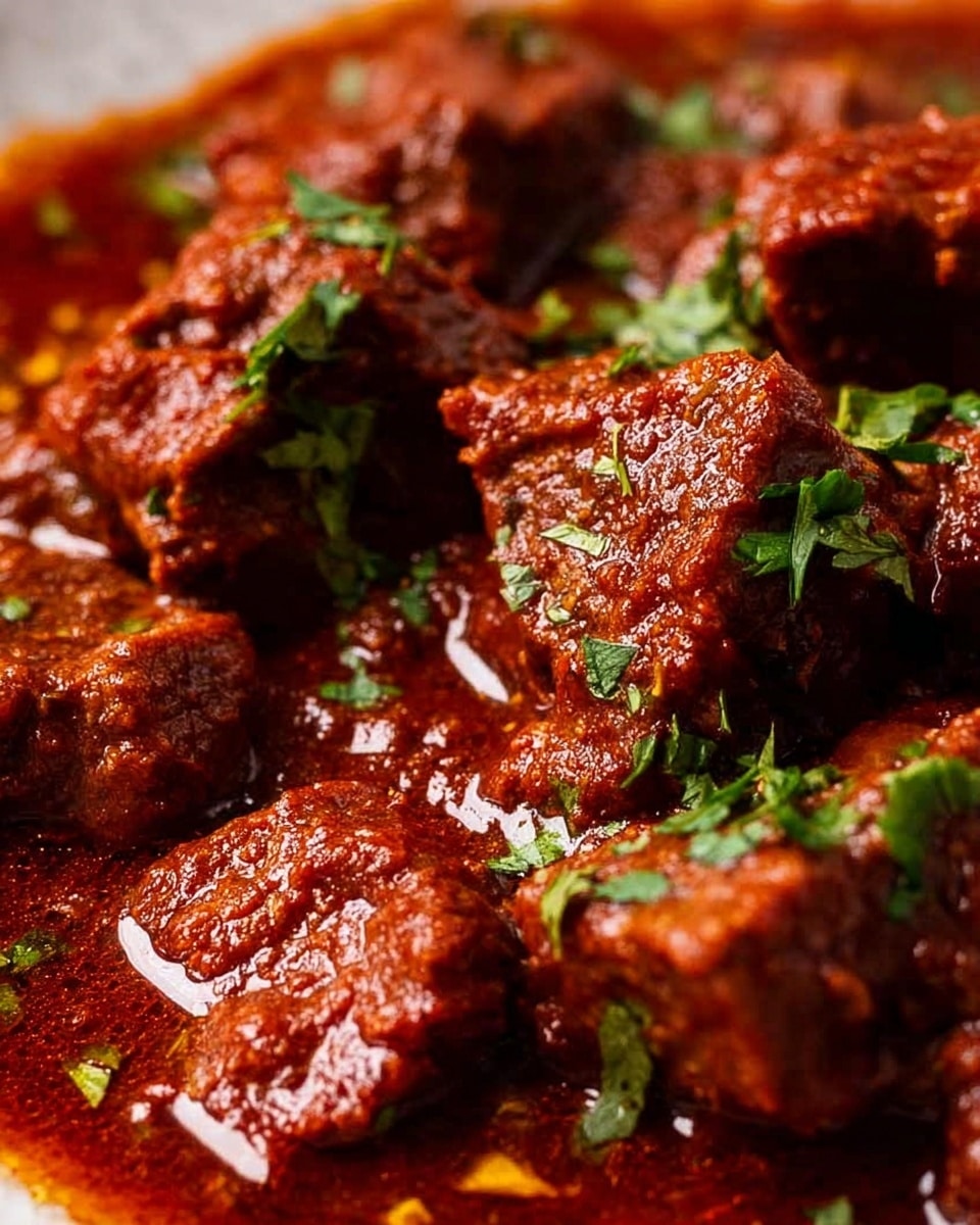 This image shows a close-up of a rich red curry with thick sauce that has a smooth, slightly oily texture. The dish has several chunks of tender meat coated in the sauce, each piece glossy with sauce and textured by spices. Scattered on top are fresh green cilantro leaves that add a bright contrast to the deep red color of the curry. The background is a soft white marbled texture. photo taken with an iphone --ar 4:5 --v 7
