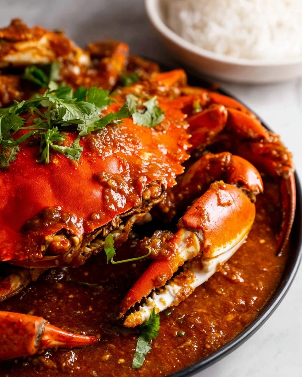The image shows a cooked crab covered with thick, reddish-brown sauce full of texture and small bits. The crab's bright orange shell with its rough edges is placed as the main center layer, and fresh green herbs sit on top, adding a fresh, lively touch. Around the crab, the sauce pools richly with visible chunks, and some white pieces, likely crab meat, mix into the sauce. Part of the crab claw is visible in the bottom foreground, and there is a blurred bowl of white rice in the background, all placed on a white marbled surface. photo taken with an iphone --ar 4:5 --v 7