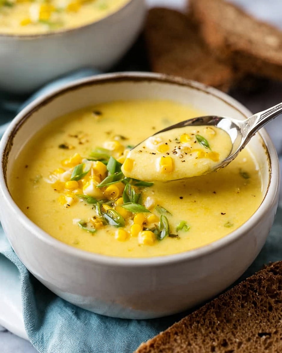 A close-up of a black bowl filled with creamy yellow soup that has a smooth texture with some corn kernels and chopped green herbs floating on top. A silver spoon inside the bowl lifts some of the soup, showing the thick liquid mixed with corn and green pieces. In the foreground, there are pieces of bread with a rough texture. The bowl rests on a cloth on a white marbled surface. photo taken with an iphone --ar 4:5 --v 7