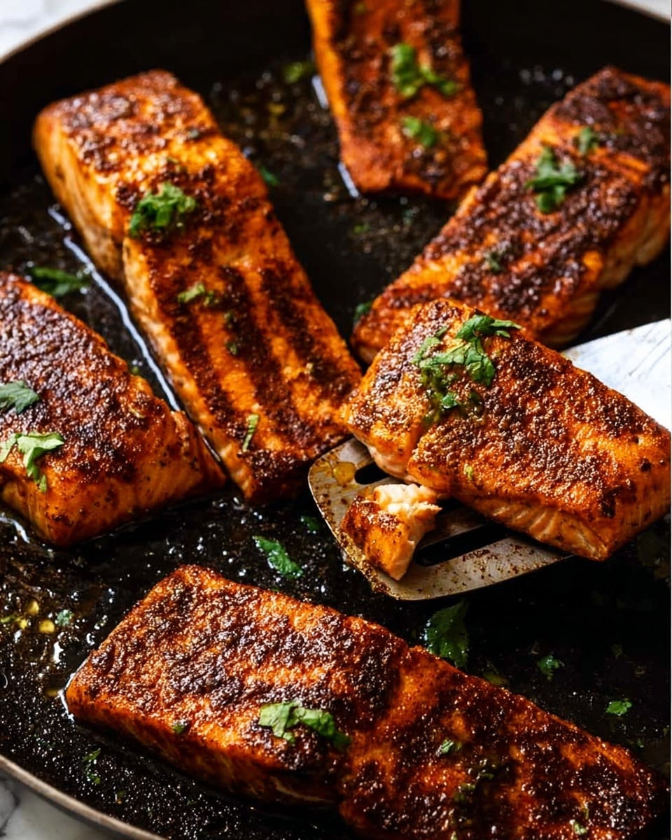 The image shows six pieces of cooked salmon in a black pan, each piece having a deep reddish-brown color with a crispy texture and slight char marks, giving them a well-seasoned and grilled appearance. The top surfaces of the salmon pieces are textured with small bubbly spots from cooking, and they are garnished with bright green fresh herbs placed on top. A metal spatula is lifting one piece, showing the underside which is similarly browned. The background is a white marbled texture. photo taken with an iphone --ar 4:5 --v 7