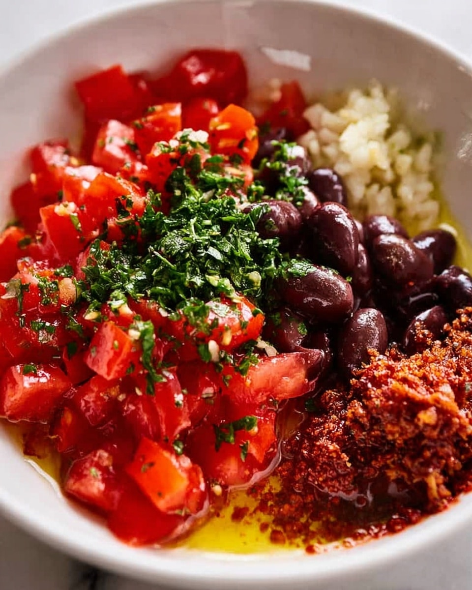 This image shows a close-up of a white bowl with several colorful ingredients arranged in sections on the surface. There are small bright red diced tomatoes giving a fresh look, some dark purple sliced olives adding a glossy texture, a small pile of finely chopped pale yellow garlic, and a minced brownish-red paste that seems thick and slightly chunky. Green herb sprinkles, possibly parsley, are scattered over the tomatoes and other parts, and a light layer of golden olive oil glistens at the bottom. The white bowl sits on a white marbled surface. photo taken with an iphone --ar 4:5 --v 7
