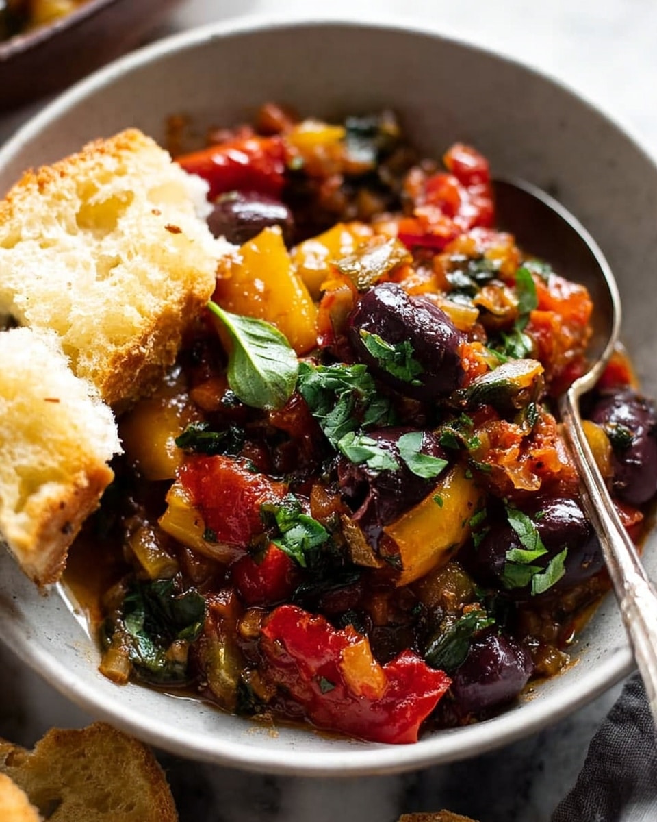 A close-up view of a bowl filled with a colorful vegetable stew showing at least three layers: a base layer of diced, cooked vegetables in warm brown sauce, including chunks of red and yellow bell peppers and dark olives; a middle layer of stewed onions and small green herbs scattered throughout; and a top layer of fresh green basil leaves adding a bright contrast. A piece of golden toasted bread is dipped into the stew on the left side, with a woman's hand not visible but implied holding it. The bowl is white and smooth, set on a white marbled surface with a silver spoon resting inside. Photo taken with an iphone --ar 4:5 --v 7