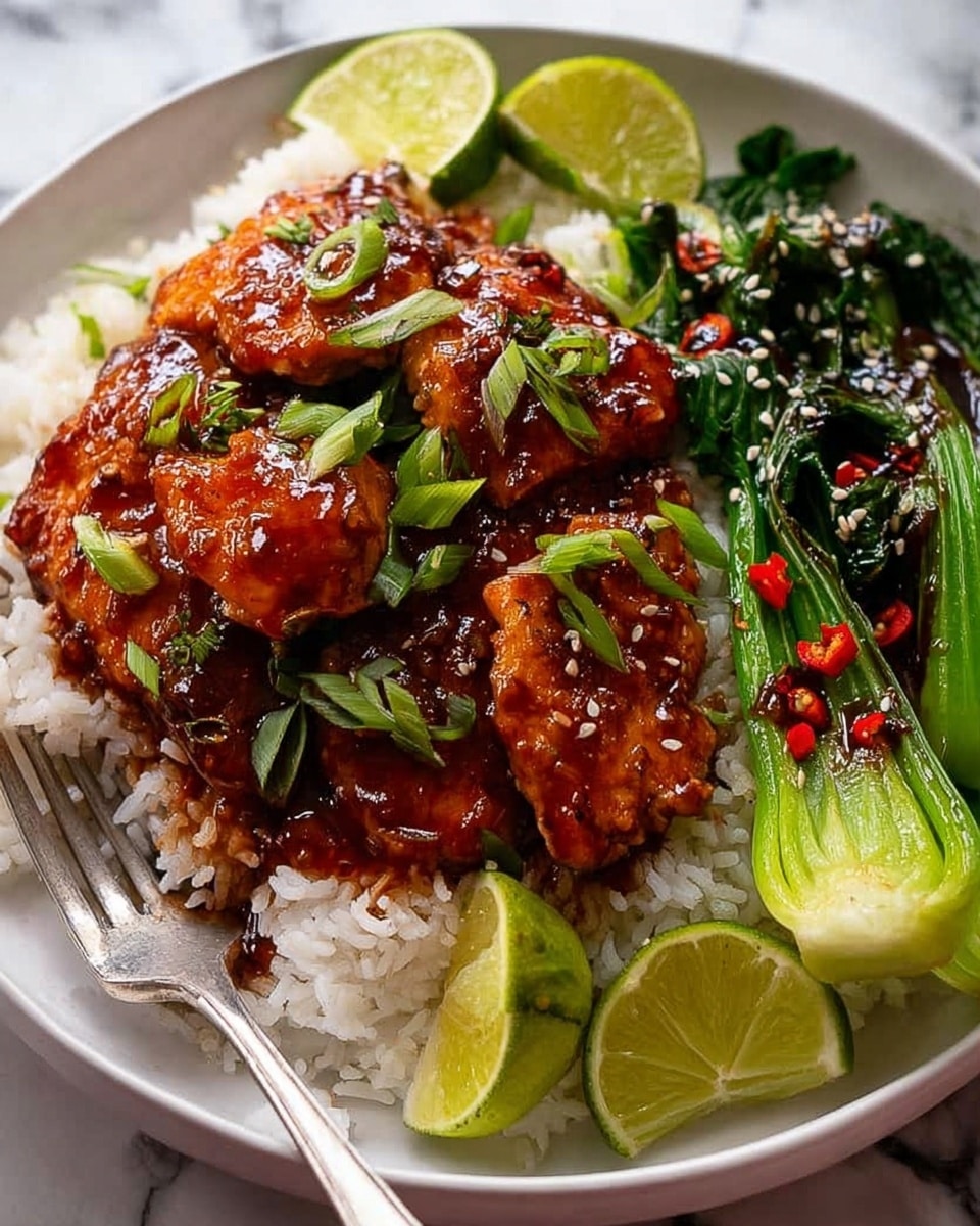 A white round plate on a white marbled surface holds a layered dish starting with a base of fluffy white rice spread evenly. On top of the rice, there are several pieces of glazed, golden-brown chicken coated in a shiny reddish-brown sauce, sprinkled with thin slices of red chili and chopped green onions. To the side of the chicken, there are bright green bok choy leaves drizzled with a dark sauce and sprinkled with white sesame seeds, accompanied by three lime wedges placed around the plate. A silver fork lies on the rice near the front edge of the plate. Photo taken with an iphone --ar 4:5 --v 7