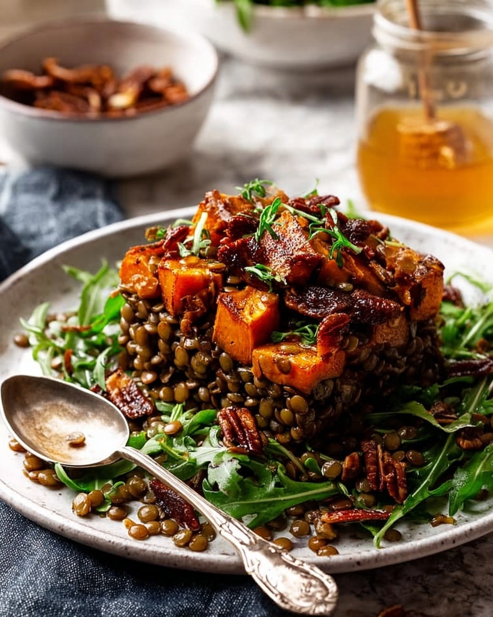 A large white plate sits on a white marbled surface, filled with a salad featuring multiple layers. The bottom layer is fresh, dark green arugula leaves scattered around, topped with a generous amount of small, round, light brown lentils. On top of this, there are roasted sweet potato chunks with a deep orange color and slightly charred edges, adding a roasted texture. Thin slices of light purple onion are scattered throughout the salad, adding small pops of color. A silver spoon with intricate designs rests inside the salad, ready to serve. In the background, there's a blurred white bowl with more roasted nuts or seeds and a soft-focus jar of yellow dressing. photo taken with an iphone --ar 4:5 --v 7