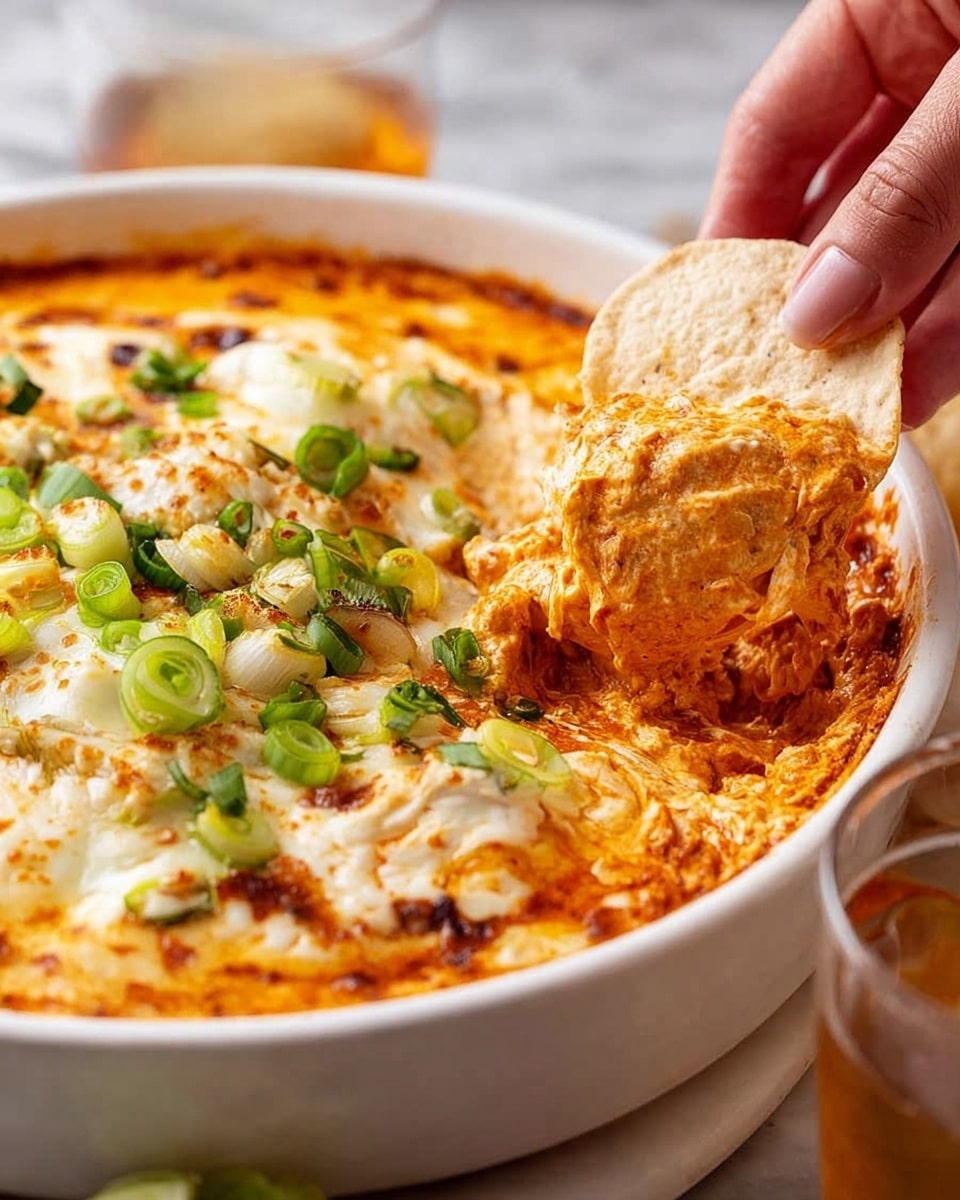 A close-up of a thick dip with three layers inside a white round baking dish with handles. The bottom layer is a bright red oily sauce, the middle layer is a chunky orange mixture with visible bits of green herbs, and the top layer is melted white cheese that looks stretchy and creamy, scattered with small green onion pieces. A woman's hand is holding a beige chip dipped in the cheesy, orange layer, lifting some of the dip out. In the front right corner, there is part of a clear glass mug filled with a light brown drink. The dish sits on a white marbled surface. photo taken with an iphone --ar 4:5 --v 7
