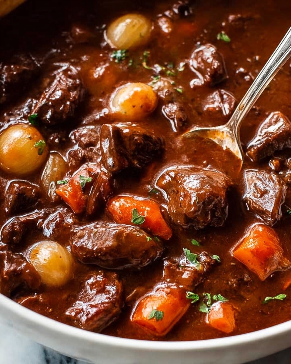 The image shows a close-up of a rich beef stew with thick dark brown sauce covering the dish. There are several chunks of tender beef with a glossy texture, round beige pearl onions, and bright orange carrot slices scattered throughout. Small green herbs are sprinkled on top, adding specks of color to the hearty stew. A shiny metal spoon is partly submerged in the stew, with its handle leaning to the right. The stew sits in a white bowl on a white marbled surface, and the lighting highlights the glossy, saucy texture of the dish. photo taken with an iphone --ar 4:5 --v 7