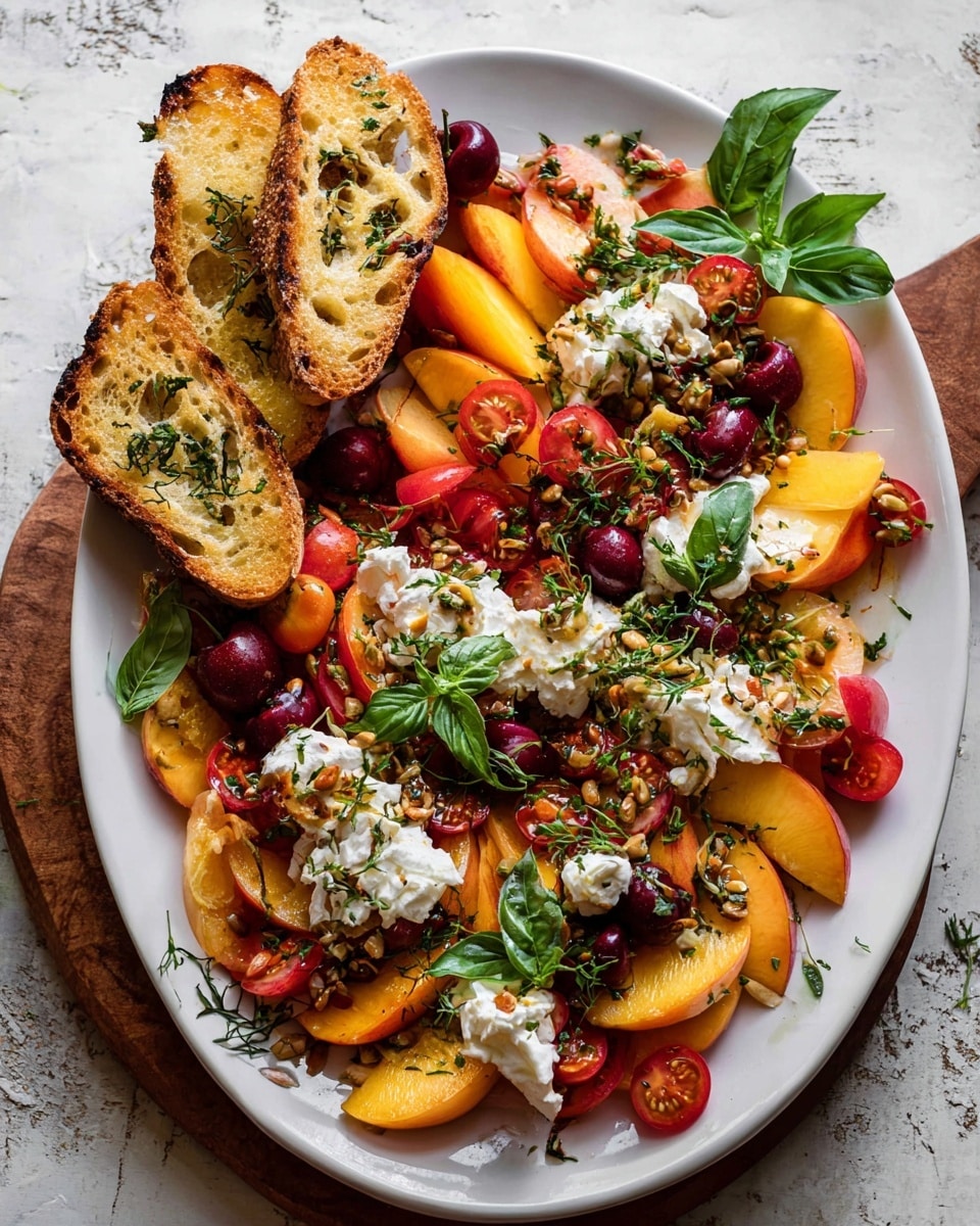 A white oval plate holds a colorful fruit and cheese salad arranged in layers over a white marbled surface. The bottom layer has soft white cheese spread with a creamy texture, dotted with green herbs and pumpkin seeds. On top, there are bright yellow peach wedges with red centers, mixed with halved and whole red cherry tomatoes. Dark red cherry halves are scattered throughout, adding a contrasting color. Fresh green basil leaves and other small green herbs are spread across the dish, giving it a fresh look. A drizzle of golden olive oil shines over the top. Two toasted slices of bread with a golden crust and visible air holes sit at the side of the plate. photo taken with an iphone --ar 4:5 --v 7