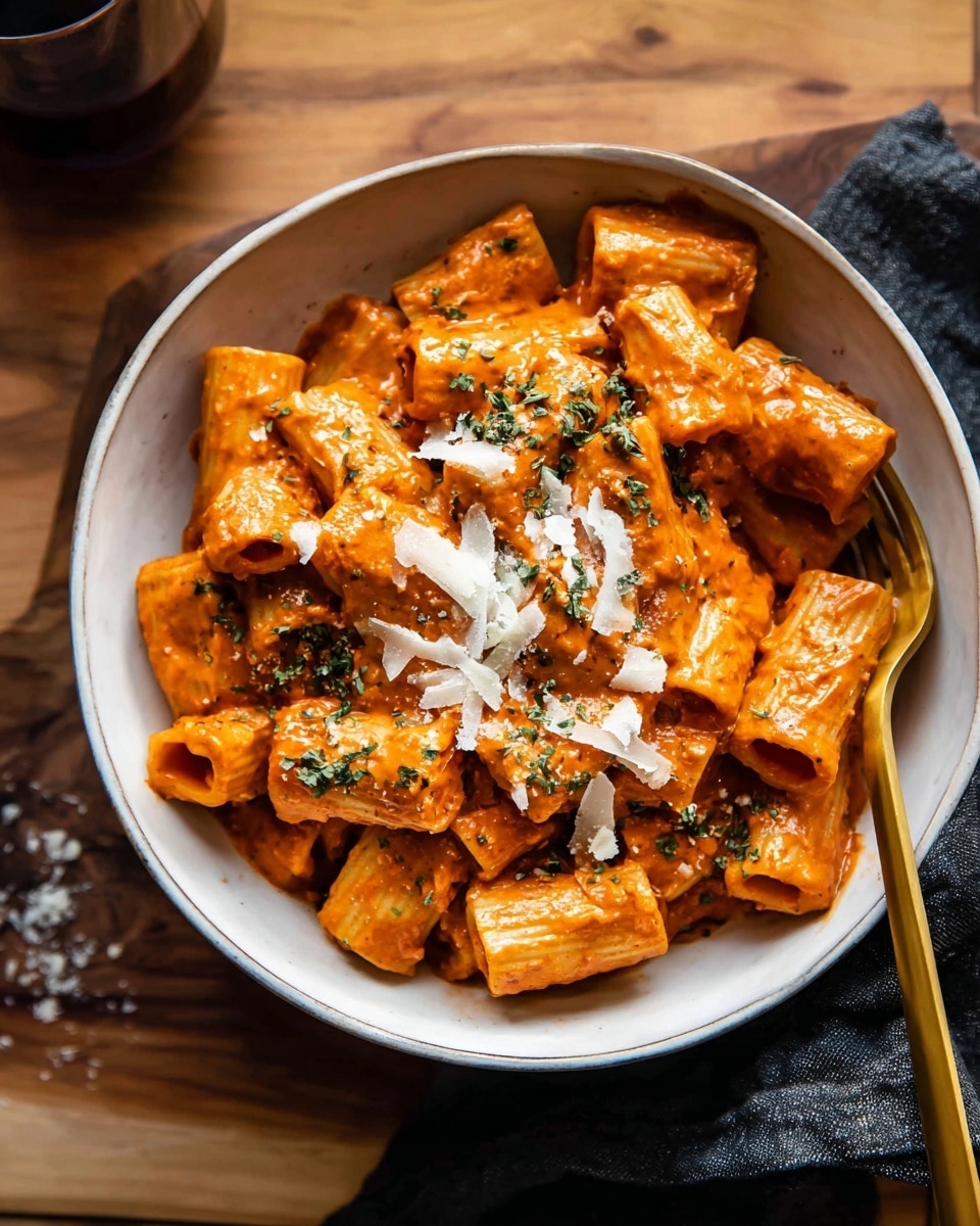 A white bowl filled with rigatoni pasta covered in a thick, creamy orange-red sauce, with each pasta piece evenly coated. The pasta is topped with small shreds of white cheese and finely chopped green herbs scattered across the dish. A gold fork dips into the pasta from the right side of the bowl. The bowl sits on a wooden surface with scattered pieces of hard cheese and a folded dark blue cloth partially visible at the bottom. The background is a white marbled texture. Photo taken with an iphone --ar 4:5 --v 7