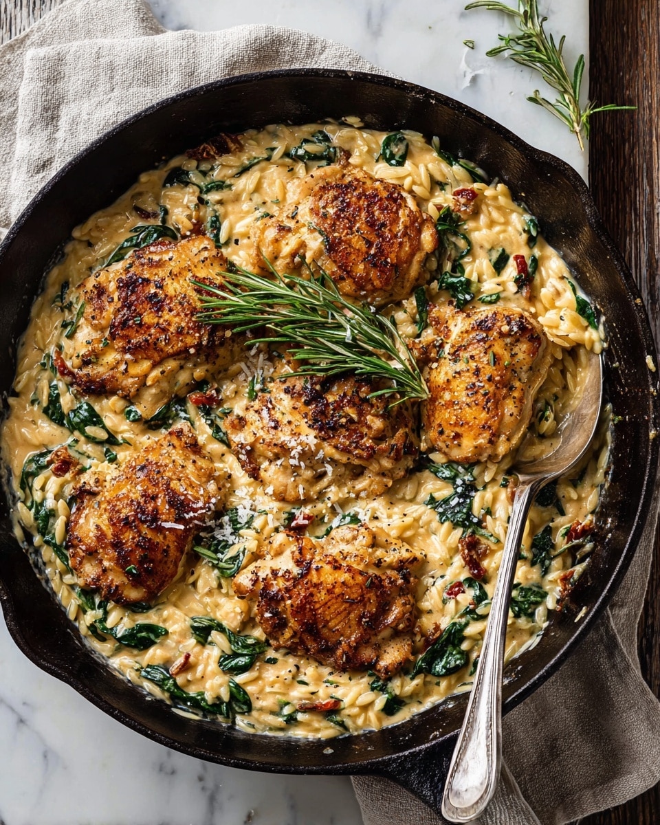 A black cast iron pan filled with a creamy dish featuring five golden brown, seasoned chicken thighs partially submerged in a thick sauce. The sauce is light beige with visible pieces of green spinach leaves and dark red sun-dried tomatoes mixed in. A sprig of fresh rosemary lays on top, adding a touch of green. The edges of the pan show the creamy sauce clinging to its sides. A silver spoon is placed inside the pan, resting in the sauce. The pan sits on a white marbled surface with a soft gray striped cloth partly underneath, and some coarse salt is scattered around nearby. photo taken with an iphone --ar 4:5 --v 7