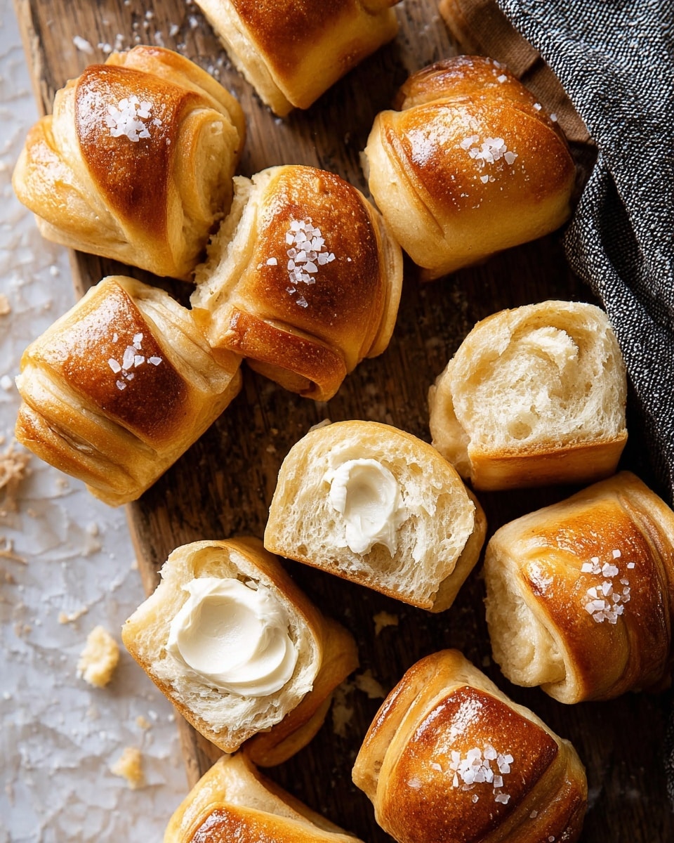 The image shows a group of soft, golden-brown rolls with a shiny top layer, some sprinkled with coarse salt. Each roll has about three to four visible layers of soft dough spiraled tightly. A few rolls have a dollop of creamy white butter melting on top, adding a smooth and glossy texture. The rolls are placed on a rustic wooden surface with some coarse salt scattered around, enhancing their fresh-baked look. Nearby, there is a white marbled texture partly visible behind a dark striped cloth, adding contrast to the warm tones of the rolls. photo taken with an iphone --ar 4:5 --v 7