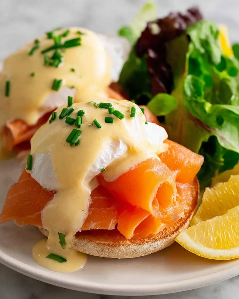 The image shows a white plate with a breakfast dish made of an English muffin split in half, toasted light brown, forming the bottom layers. On top of the muffin is a layer of bright orange smoked salmon slices. Above the salmon is a perfectly poached white egg with smooth texture, covered generously by a creamy pale yellow hollandaise sauce that drips down the sides. The sauce is sprinkled with small chopped green chives. To the side of the muffin and salmon are green leafy lettuce and lemon wedges with yellow rind and juicy interior. The plate is on a white marbled surface. photo taken with an iphone --ar 4:5 --v 7