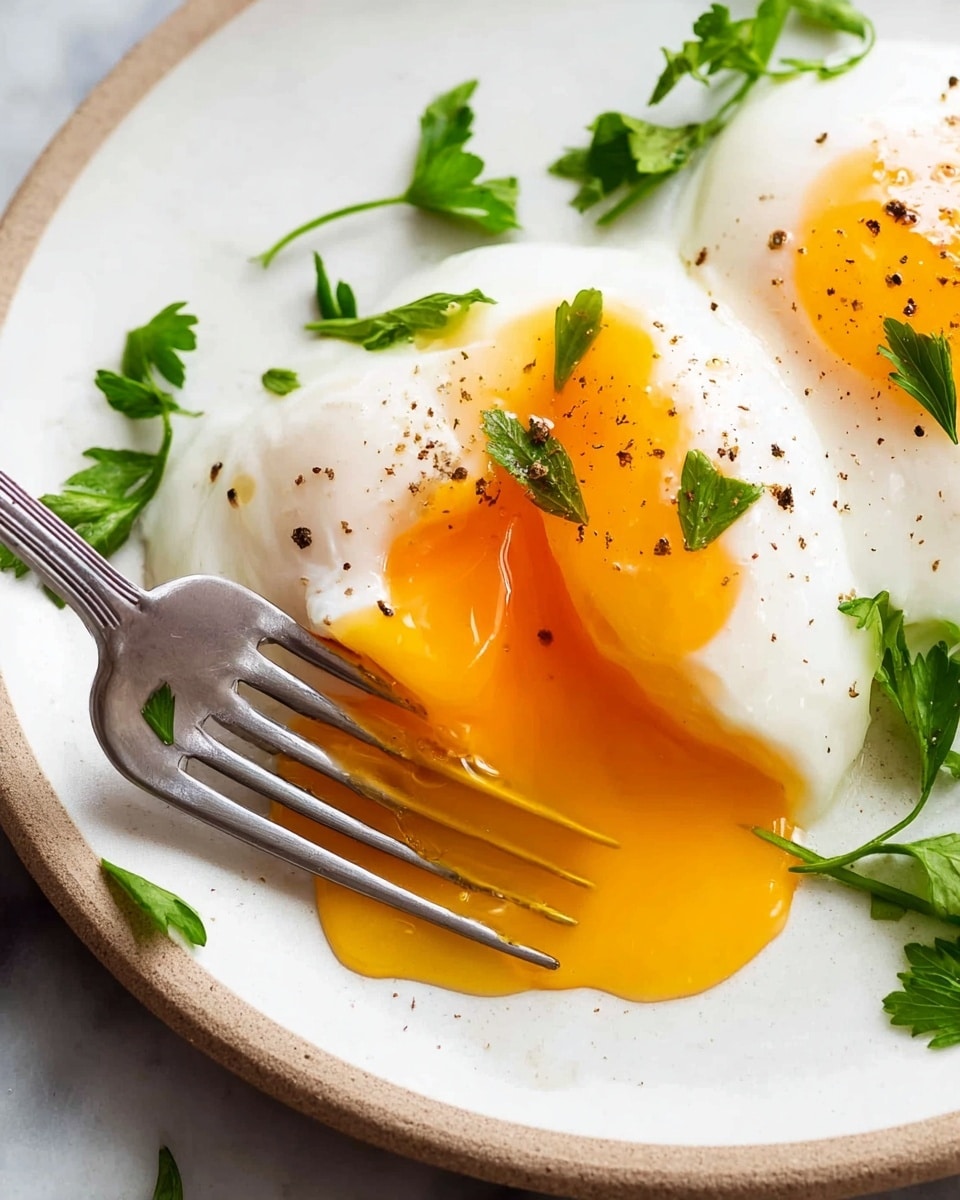 A close-up of two poached eggs on a white plate with a smooth texture, the top layer showing soft, shiny white egg whites sprinkled with black pepper and small green parsley leaves. One egg is cut open with a silver fork pressing gently, revealing thick, bright orange runny yolk spreading out onto the plate. The plate sits on a white marbled surface, and the fork prongs catch the light while the parsley adds a fresh green contrast. Photo taken with an iphone --ar 4:5 --v 7