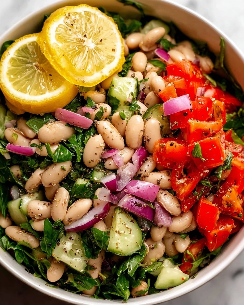 A close-up image of a colorful bean salad showing three main layers: the first layer is white cannellini beans scattered throughout, the second layer has diced red tomatoes, chopped red onions, and small green cucumber pieces mixed evenly, and the third layer consists of fresh green parsley leaves spread all over. On one side, two lemon slices with a bright yellow peel and juicy pale yellow inside sit on top of the salad. Black pepper flakes are sprinkled finely across the salad, adding dark specks. The whole dish sits on a white marbled surface. photo taken with an iphone --ar 4:5 --v 7